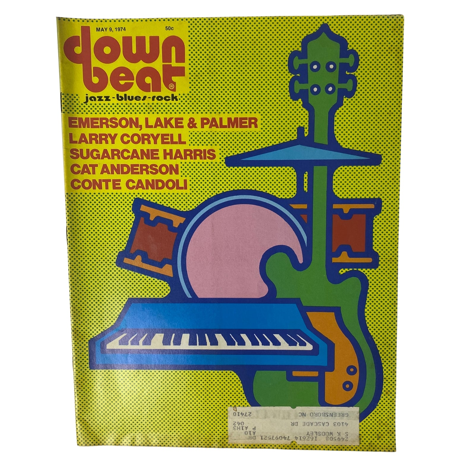 Down Beat Magazine cover from May 9, 1974, featuring Emerson, Lake & Palmer, Larry Coryell, Sugarcane Harris, Cat Anderson, and Conte Candoli, with a colorful design showcasing musical instruments including a guitar, piano, and bass.