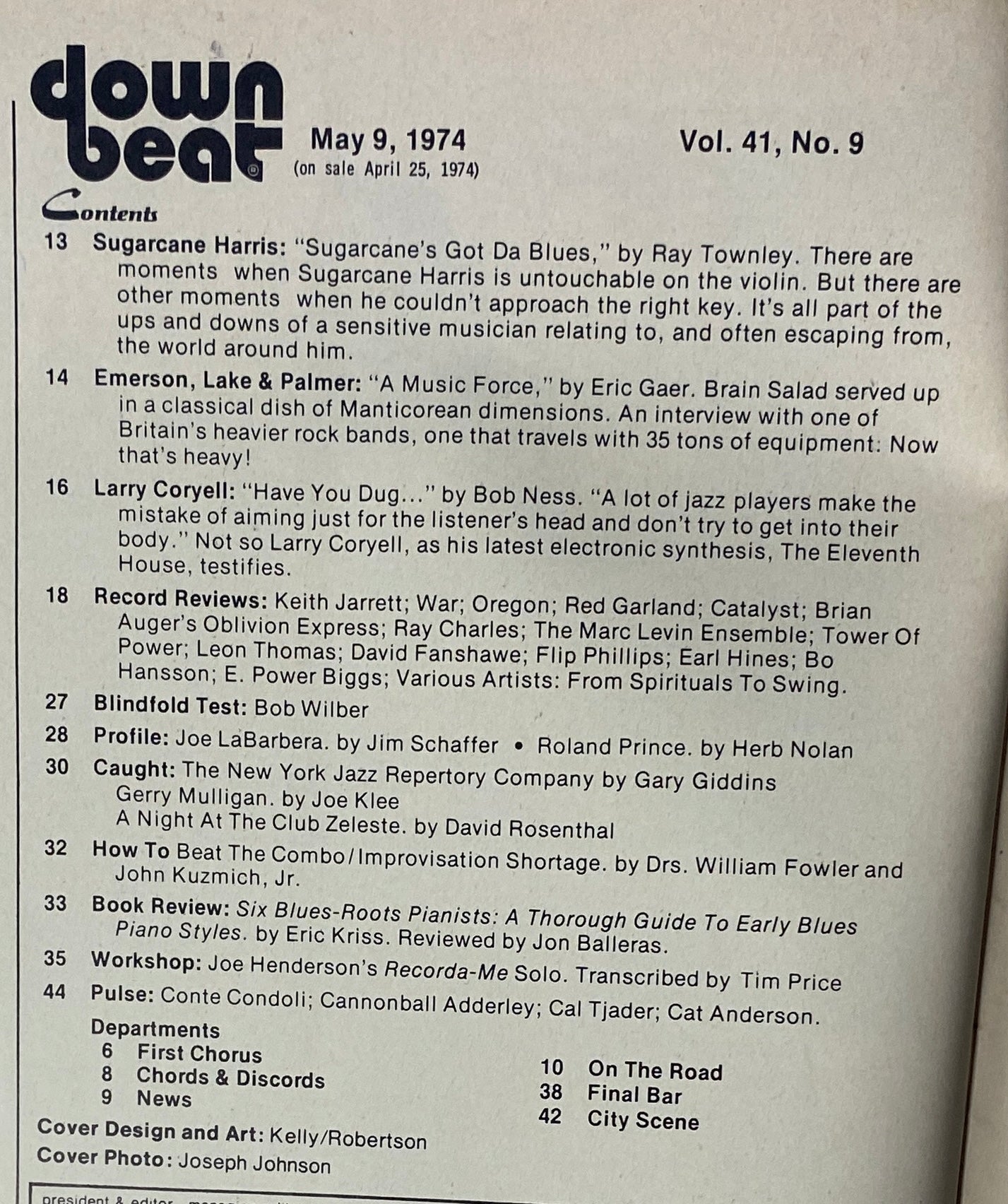 Down Beat Magazine May 9, 1974 Vol 41 No. 9 featuring contents such as Sugarcane Harris, Emerson, Lake & Palmer, and Larry Coryell. The magazine includes articles, album reviews, and profiles of notable jazz musicians.
