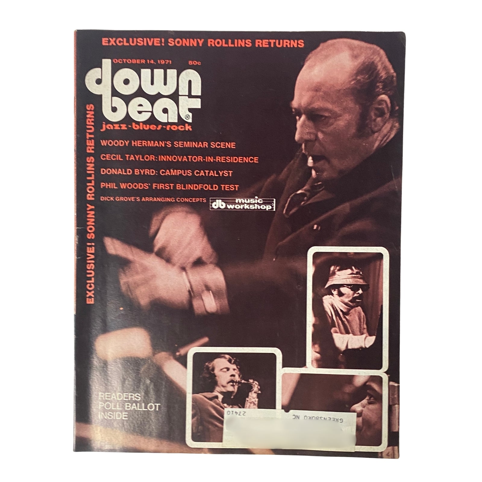 Cover of Down Beat Magazine from October 14, 1971, featuring Woody Herman and Cecil Taylor, showcasing jazz, blues, and rock music.