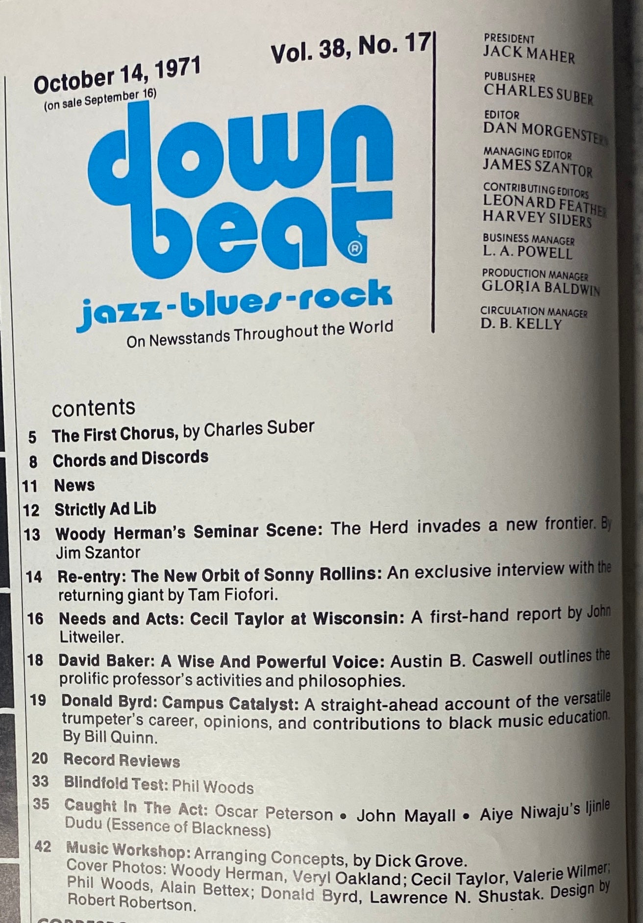 Table of contents from Down Beat Magazine, October 14, 1971, Vol 38 No 17, listing articles including Woody Herman's Seminar Scene and interviews with Sonny Rollins and Cecil Taylor.