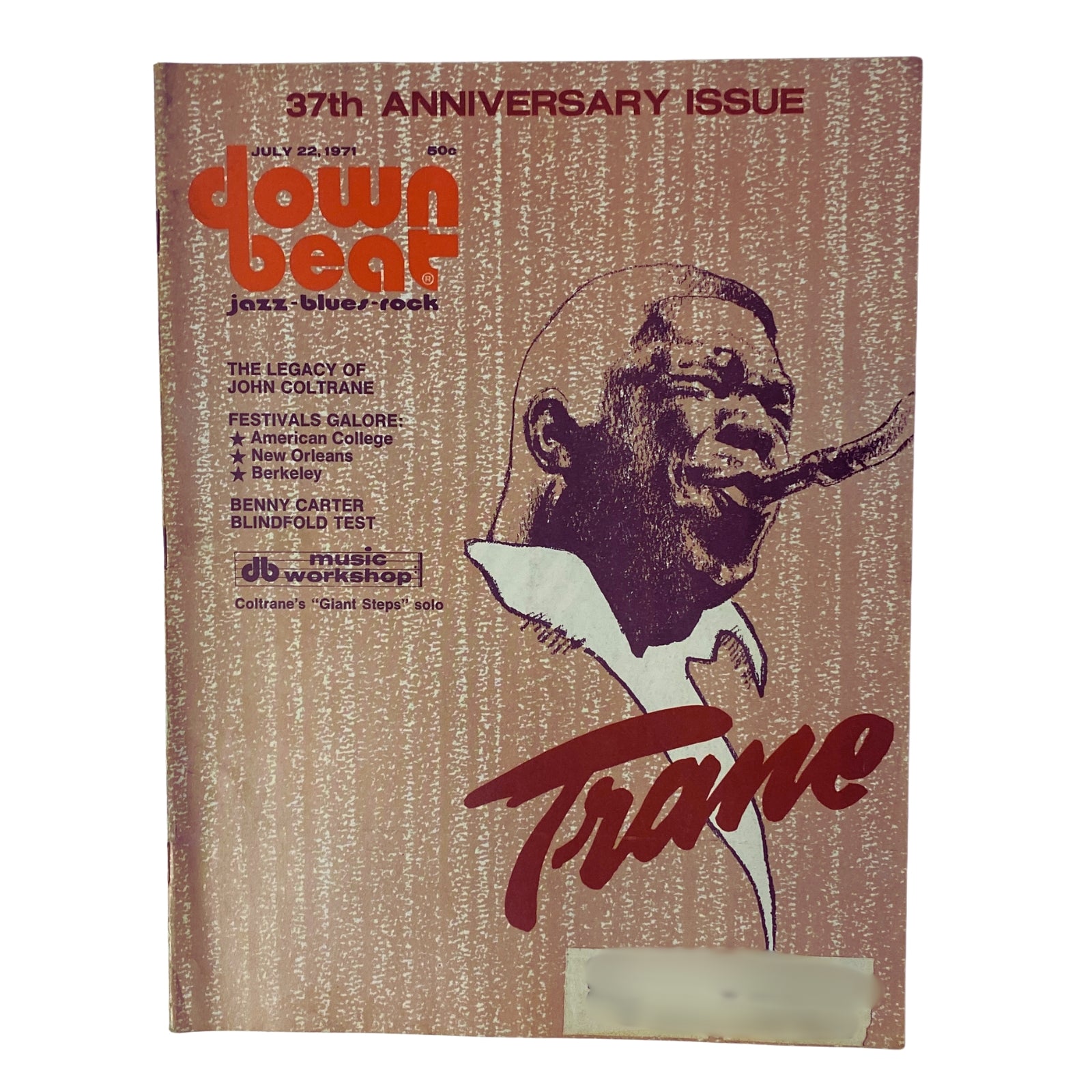 Cover of Down Beat Magazine, July 22, 1971, Vol 38 No. 14 featuring 'The Legacy of John Coltrane' with portrait of Coltrane playing saxophone.