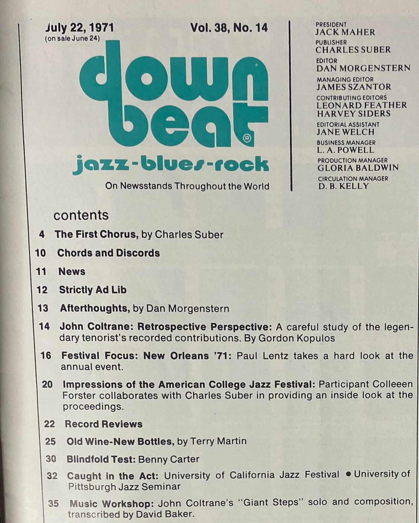 Table of Contents from Down Beat Magazine, July 22, 1971, Vol 38 No. 14, highlighting articles including 'The First Chorus' and 'John Coltrane: Retrospective Perspective'.