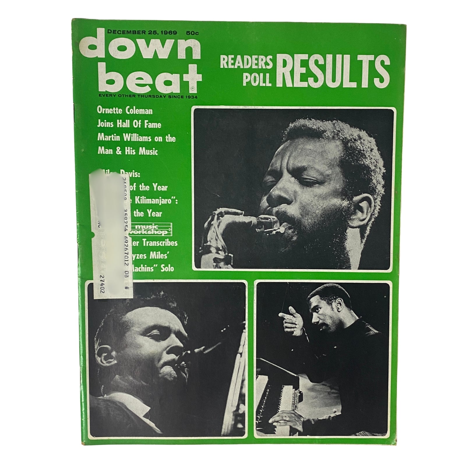 Cover of Down Beat Magazine December 25, 1969, Vol 36 No. 26 featuring a highlight on Ornette Coleman, showcasing portraits of Coleman and notable jazz artists, with a focus on the Readers Poll Results.