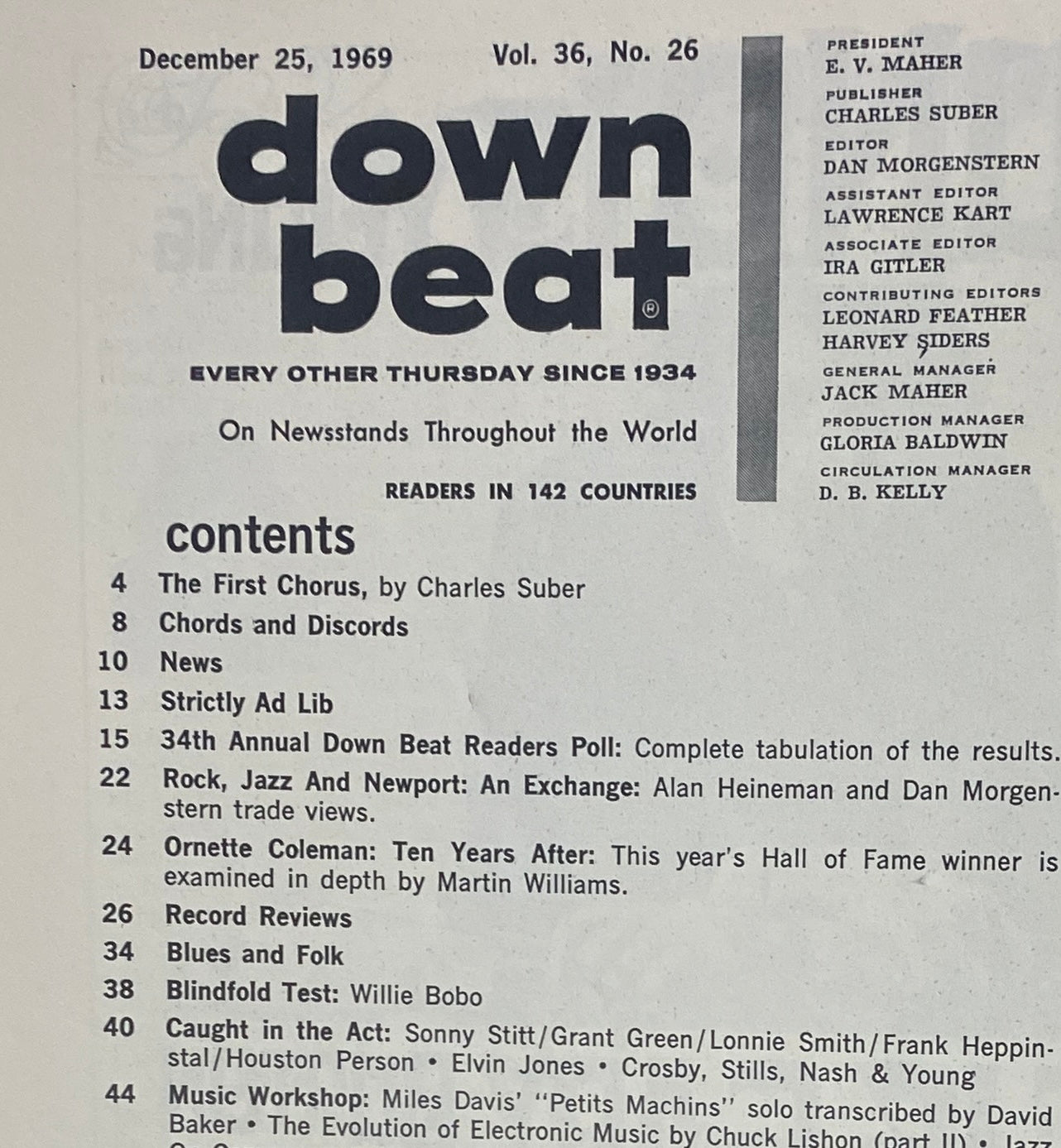 Cover of Down Beat Magazine, December 25, 1969, Volume 36, No. 26, featuring an article on Ornette Coleman, along with contents list including 'The First Chorus' and '34th Annual Down Beat Readers Poll'.