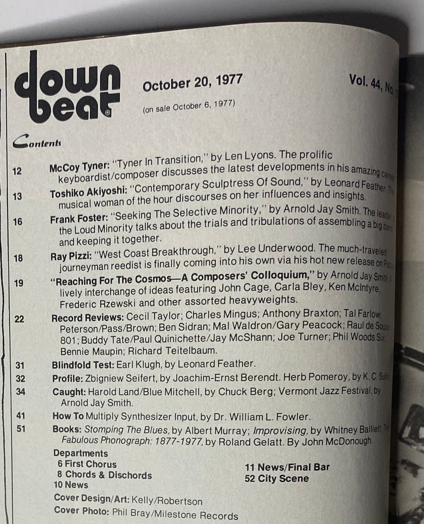 Table of Contents of Down Beat Magazine October 20, 1977, detailing articles on McCoy Tyner, Toshiko Akiyoshi, and Frank Foster along with music reviews and features.