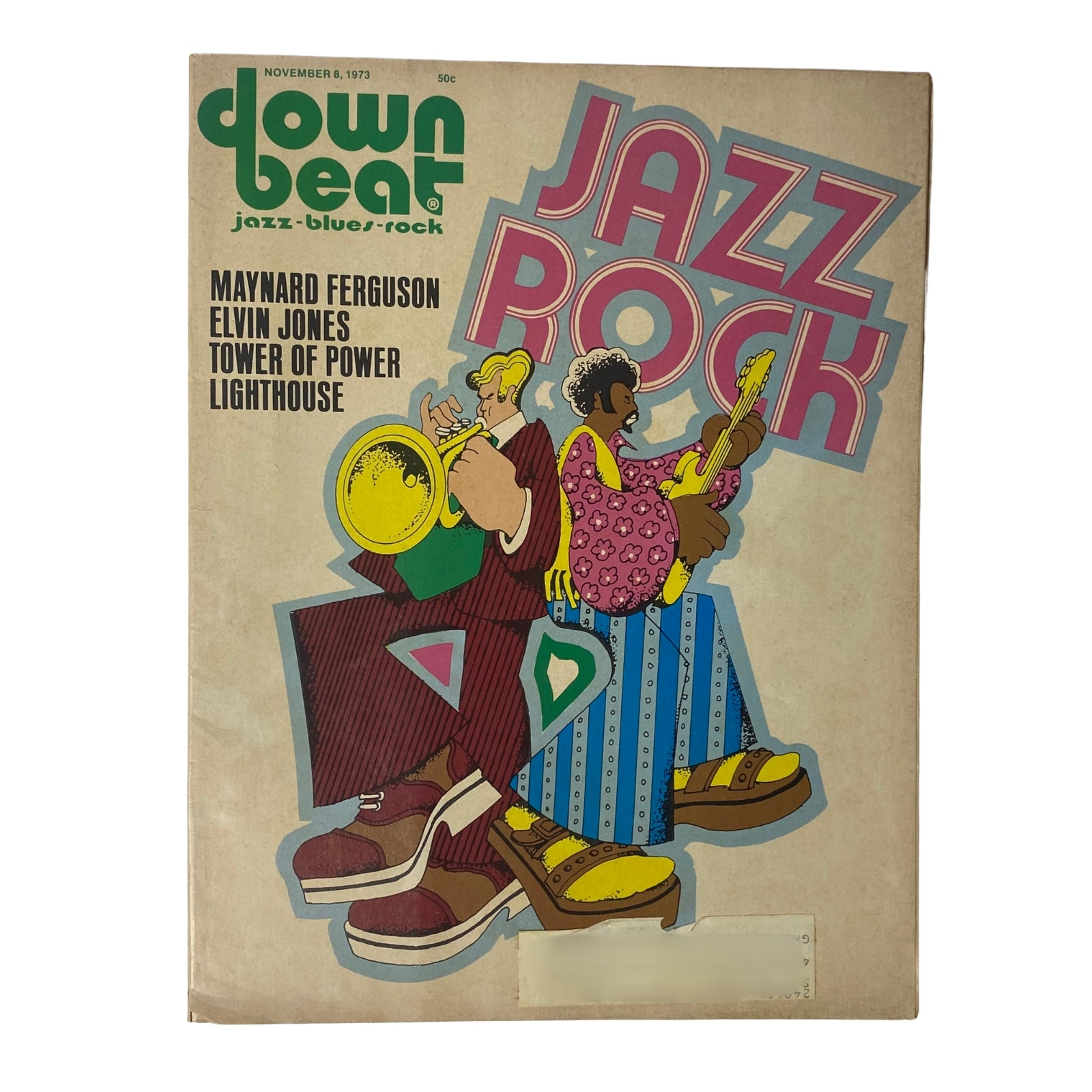 Cover of Down Beat Magazine, November 8, 1973, Volume 40, No. 18 featuring Maynard Ferguson, Elvin Jones, and the Tower of Power, showcasing vibrant artistic design with a focus on jazz and rock.