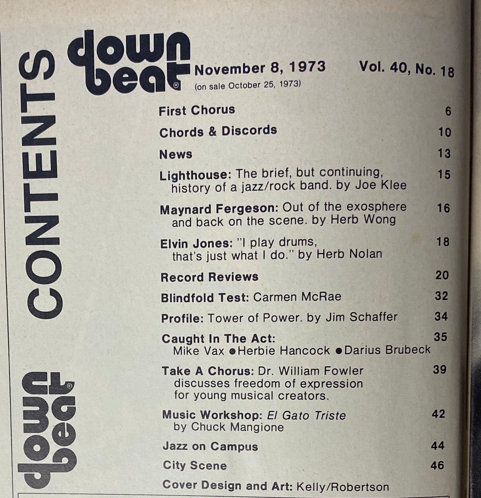 Table of Contents from Down Beat Magazine, November 8, 1973, Volume 40, No. 18, listing articles on Elvin Jones, Maynard Ferguson, and various jazz topics.