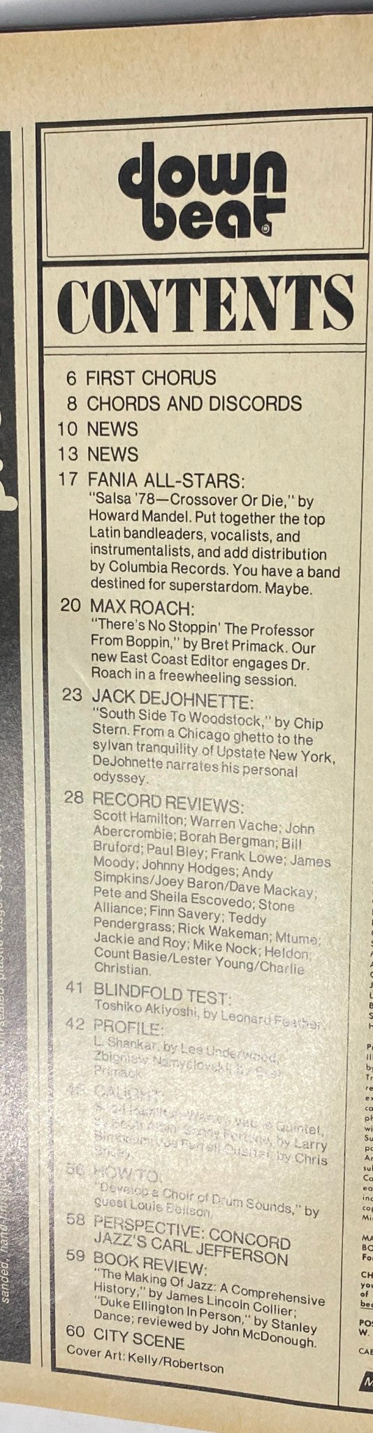 Contents page of Down Beat Magazine, November 2, 1978, listing features on Max Roach, Jack DeJohnette, and various jazz reviews and articles.