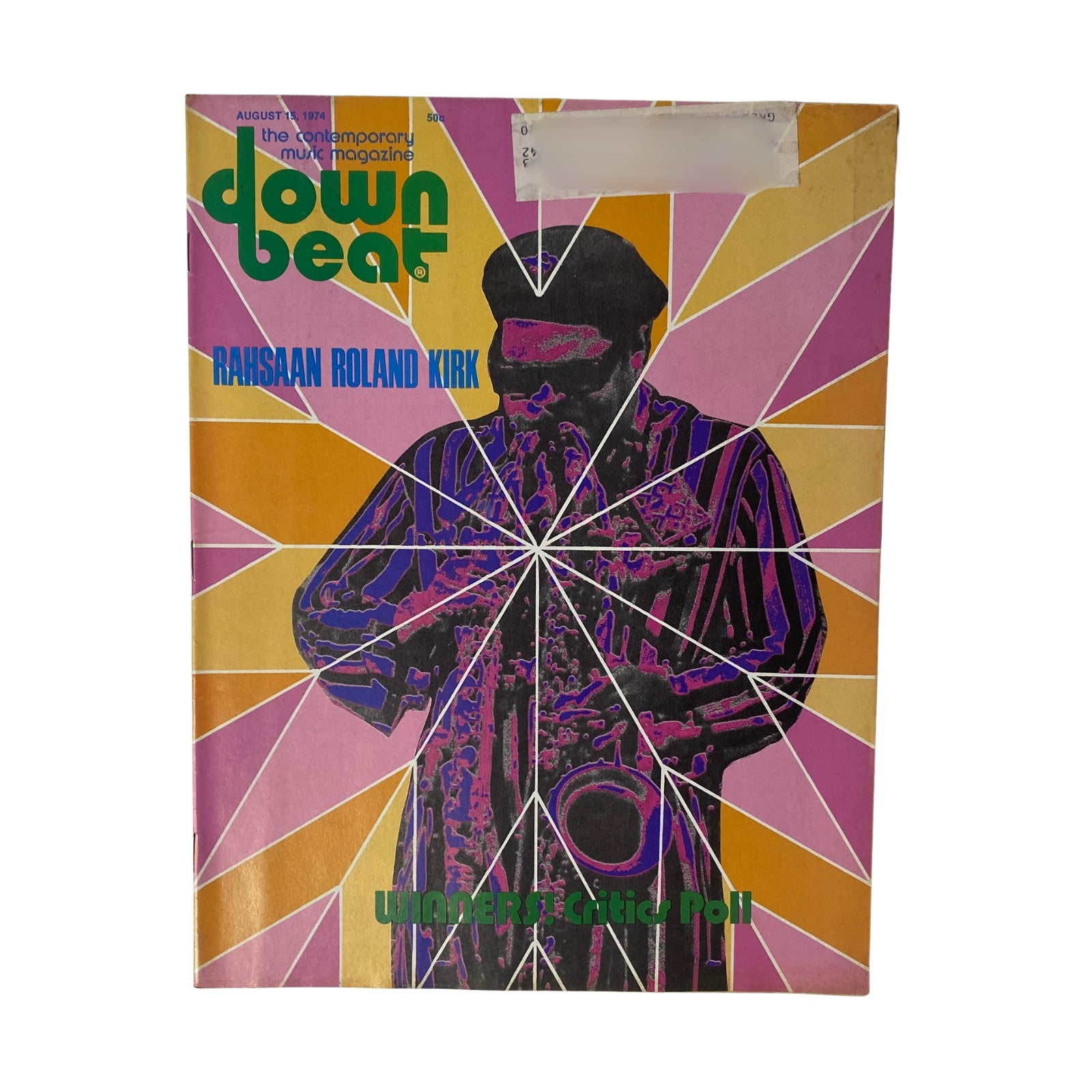 Cover of Down Beat Magazine, August 15, 1974 featuring Rahsaan Roland Kirk, showcasing vibrant colors and artistic design with musical themes.