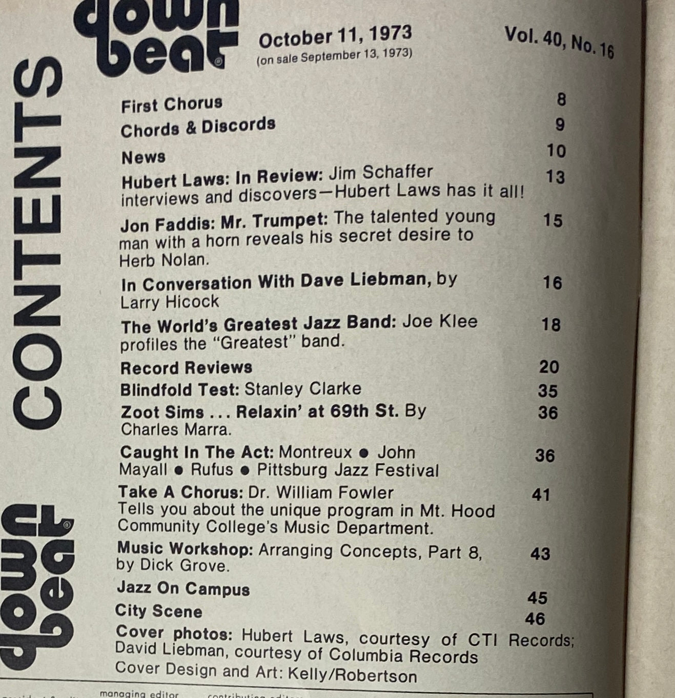 Table of Contents from Down Beat Magazine, October 11, 1973, Vol 40 No. 16, listing articles including interviews with Hubert Laws and Dave Liebman.