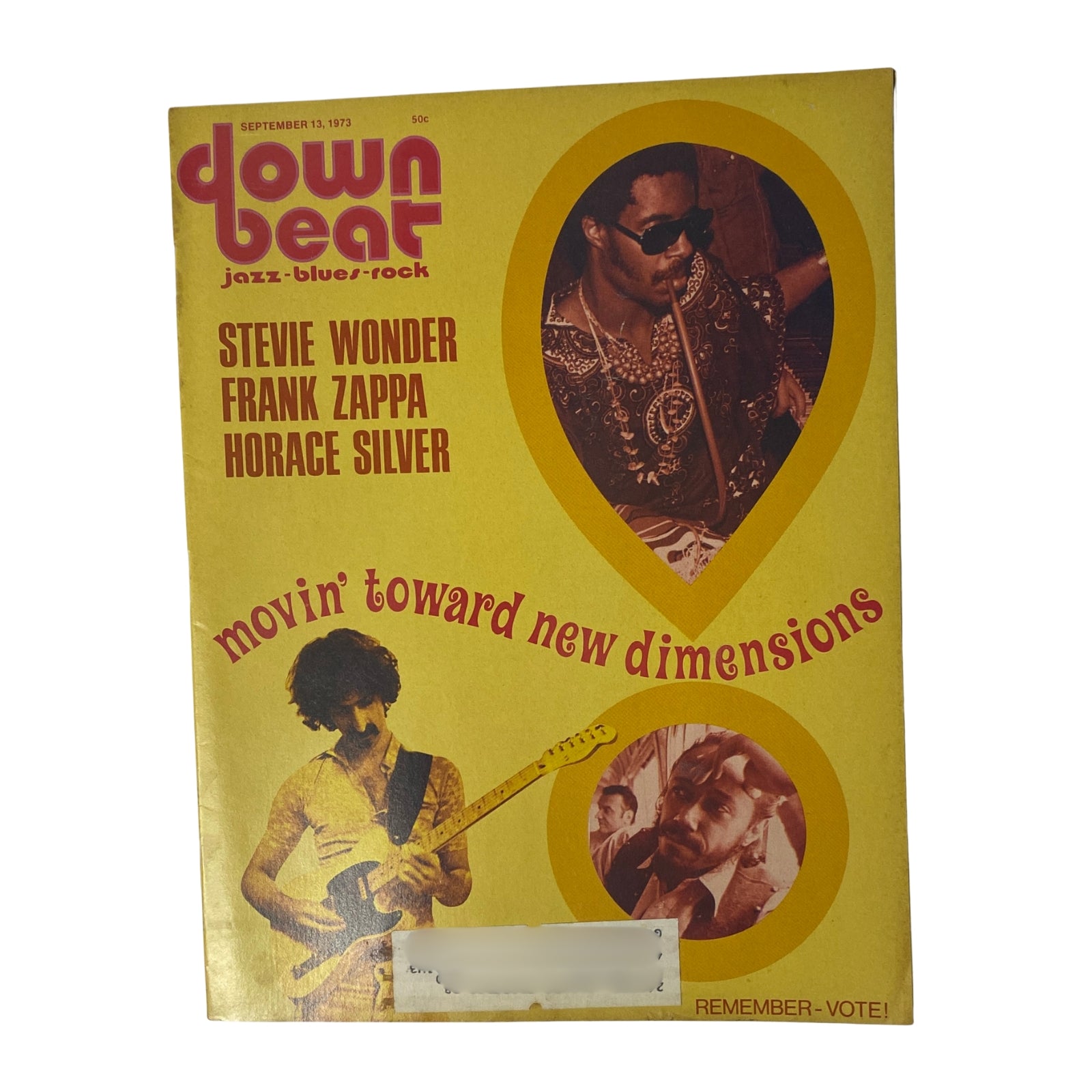 Cover of Down Beat Magazine, September 13, 1973, Volume 40, Number 15 featuring Stevie Wonder, Frank Zappa, and Horace Silver with the title 'movin' toward new dimensions'.