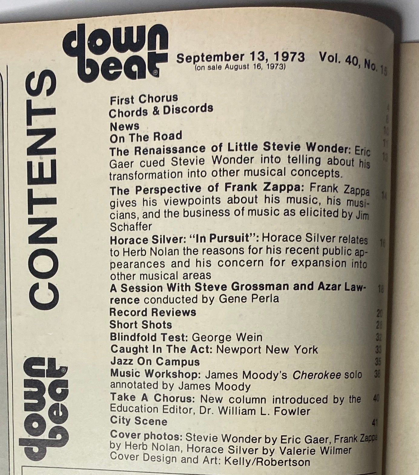 Interior page from Down Beat Magazine September 13, 1973 Vol 40 No. 15 featuring the table of contents including articles about Stevie Wonder and Frank Zappa, showcasing the magazine's coverage of jazz and music culture.