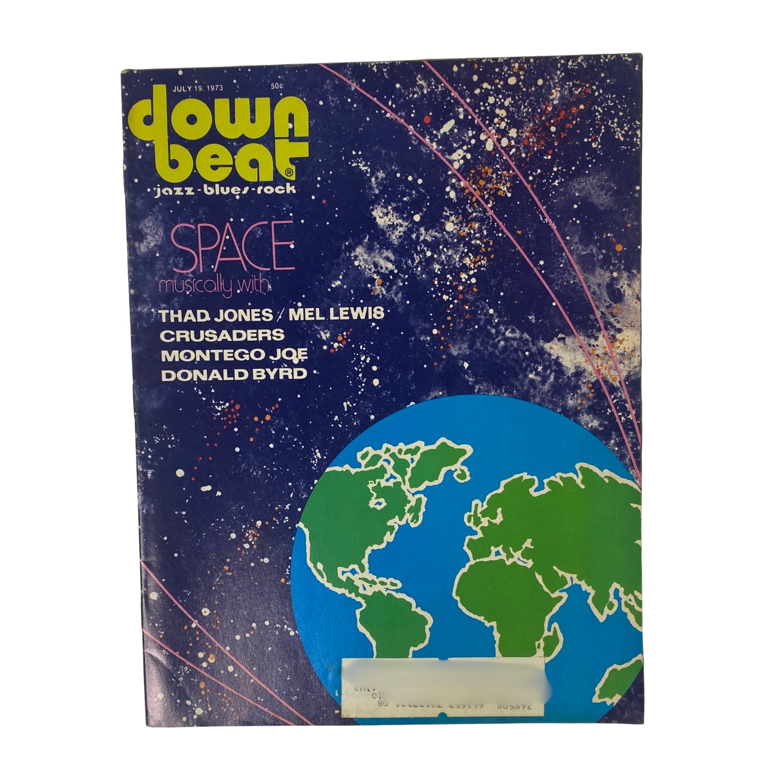 Cover of Down Beat Magazine from July 19, 1973 featuring Thad Jones and Mel Lewis, highlighting themes of space with artwork depicting the Earth and cosmic elements.
