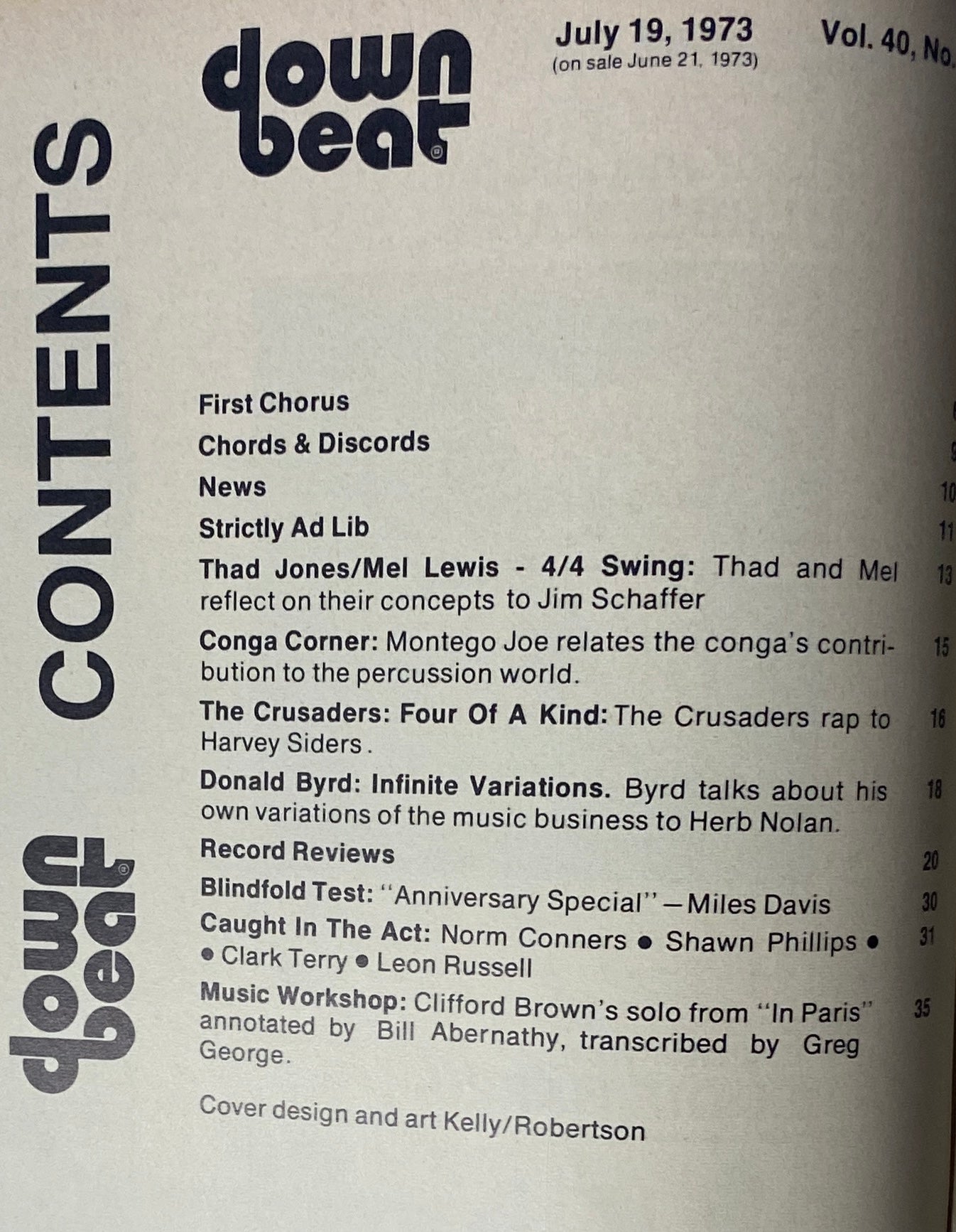 Contents page of Down Beat Magazine from July 19, 1973 listing features including Thad Jones and Mel Lewis, The Crusaders, and Donald Byrd, with cover design credited to Kelly/Robertson.