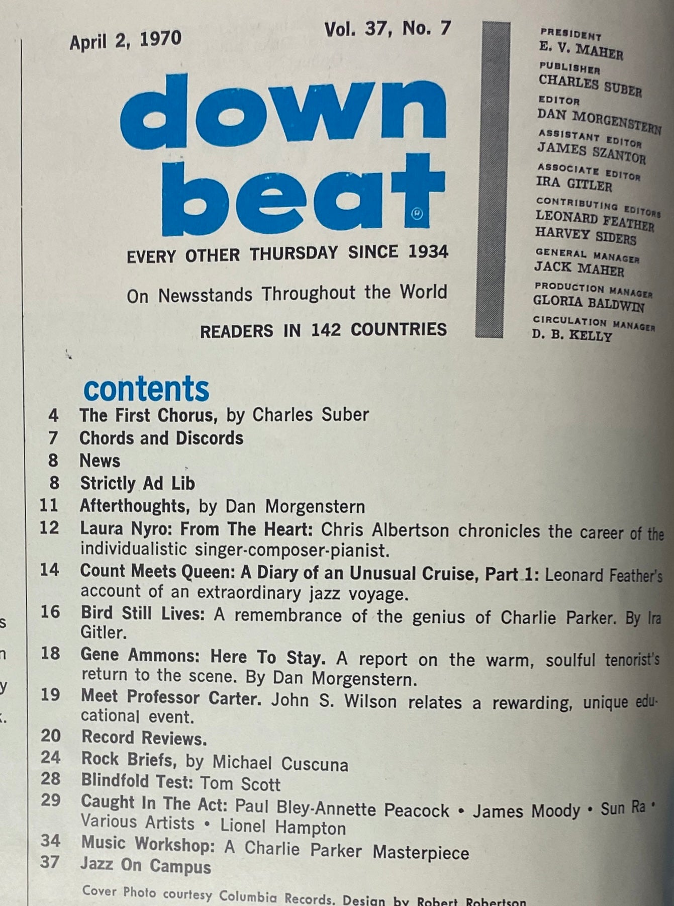 Table of contents from Down Beat Magazine, April 2, 1970, Vol 37 No. 7, listing articles including Laura Nyro features, jazz reviews, and music workshops.