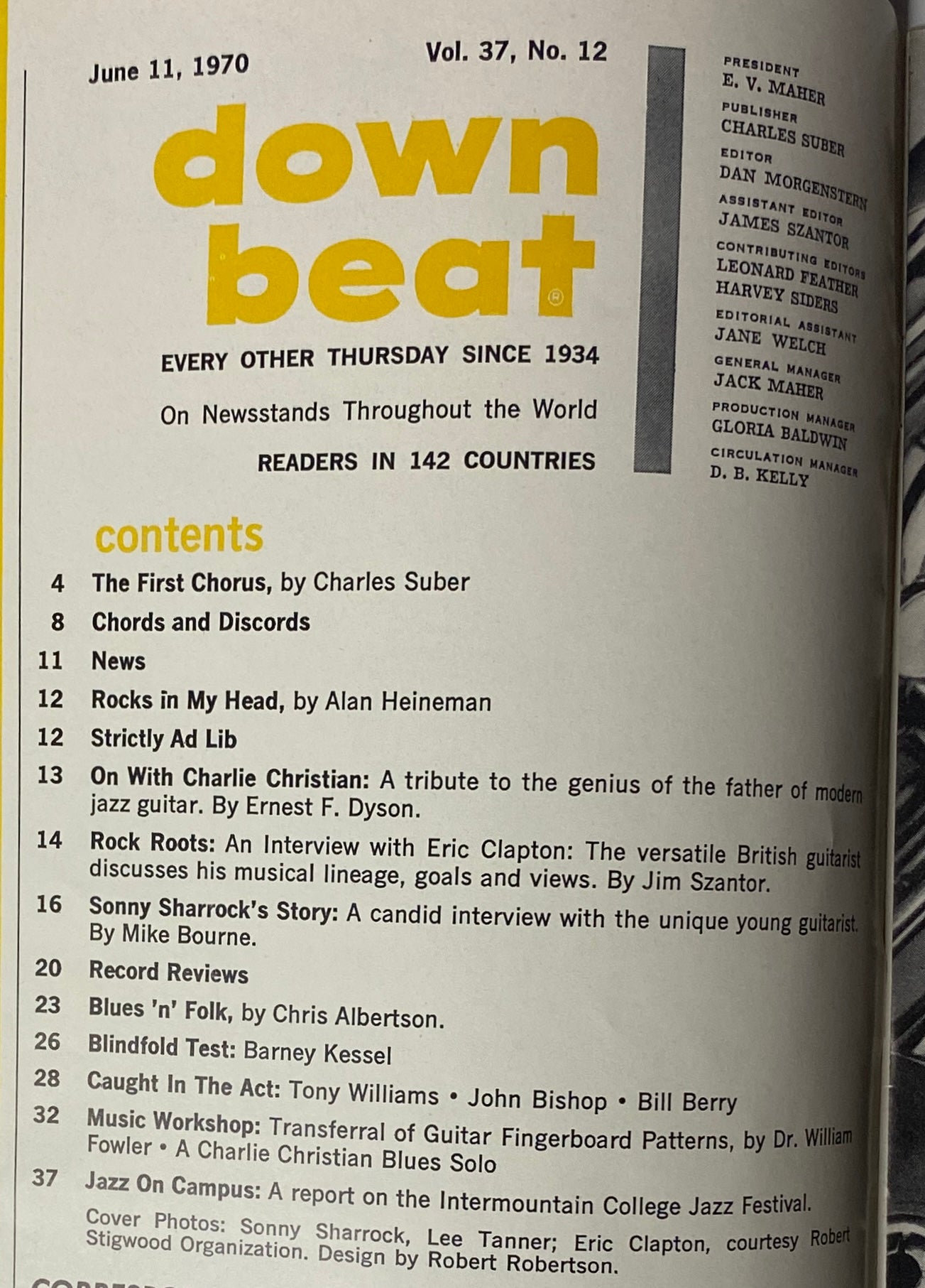 Table of contents of Down Beat Magazine, June 11, 1970, Vol 37 No. 12, listing articles and features including interviews with Eric Clapton and Sonny Sharrock.