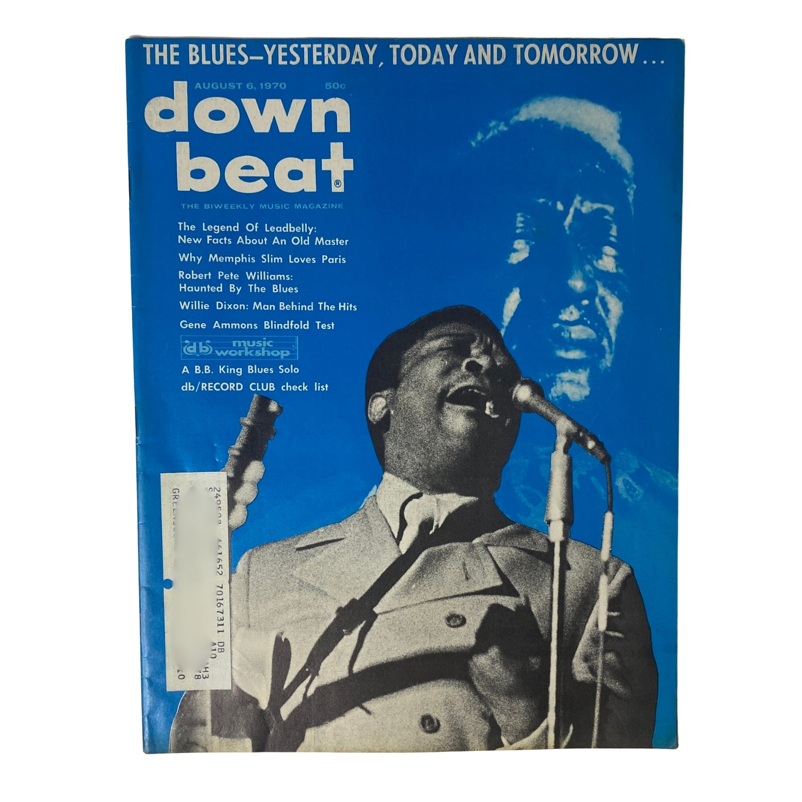 Down Beat Magazine August 6, 1970 Vol 37 No. 15 featuring B.B. King on the cover with a vibrant blue background, showcasing the headline 'The Blues - Yesterday, Today and Tomorrow' and photographs of B.B. King performing.