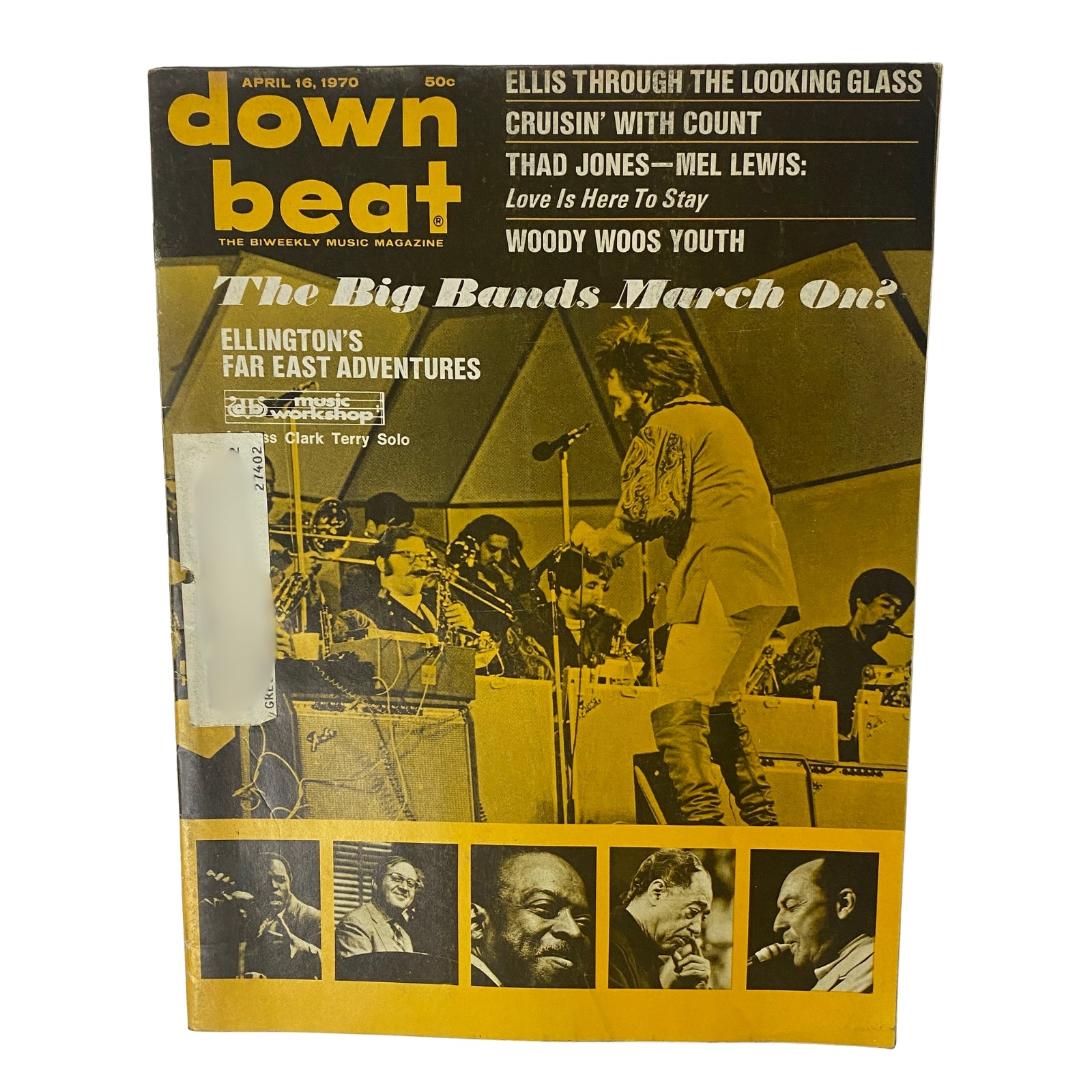 Cover of Down Beat Magazine, April 16, 1970, featuring Duke Ellington's Far East Adventures and articles on jazz including 'Ellis Through The Looking Glass' and 'Thad Jones – Mel Lewis.'