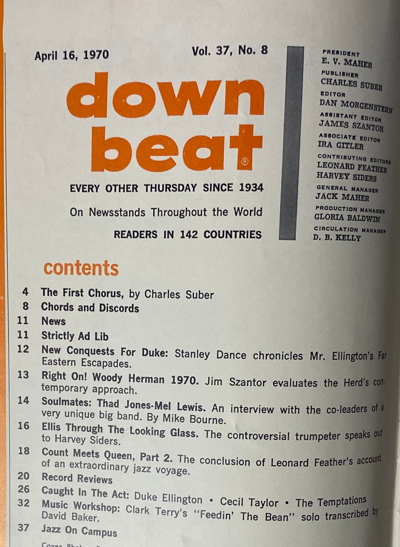 Table of contents from Down Beat Magazine, April 16, 1970, Vol. 37 No. 8, highlighting features such as 'New Conquests For Duke' about Ellington, and other jazz articles.