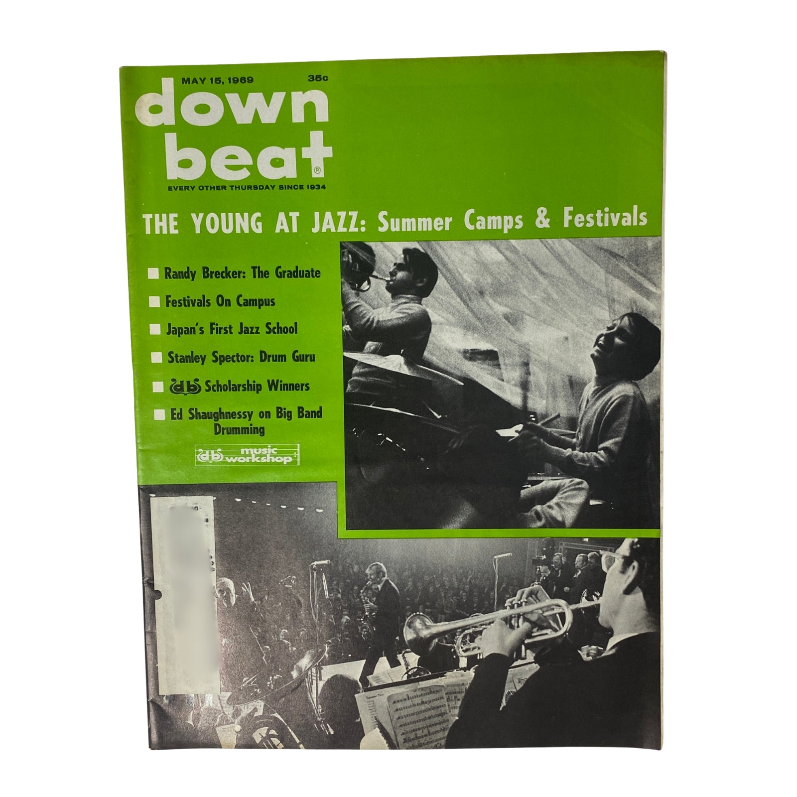 Cover of Down Beat Magazine, May 15, 1969, Vol 36 No. 10 featuring Randy Brecker, Stanley Spector, and articles on summer jazz camps and festivals.