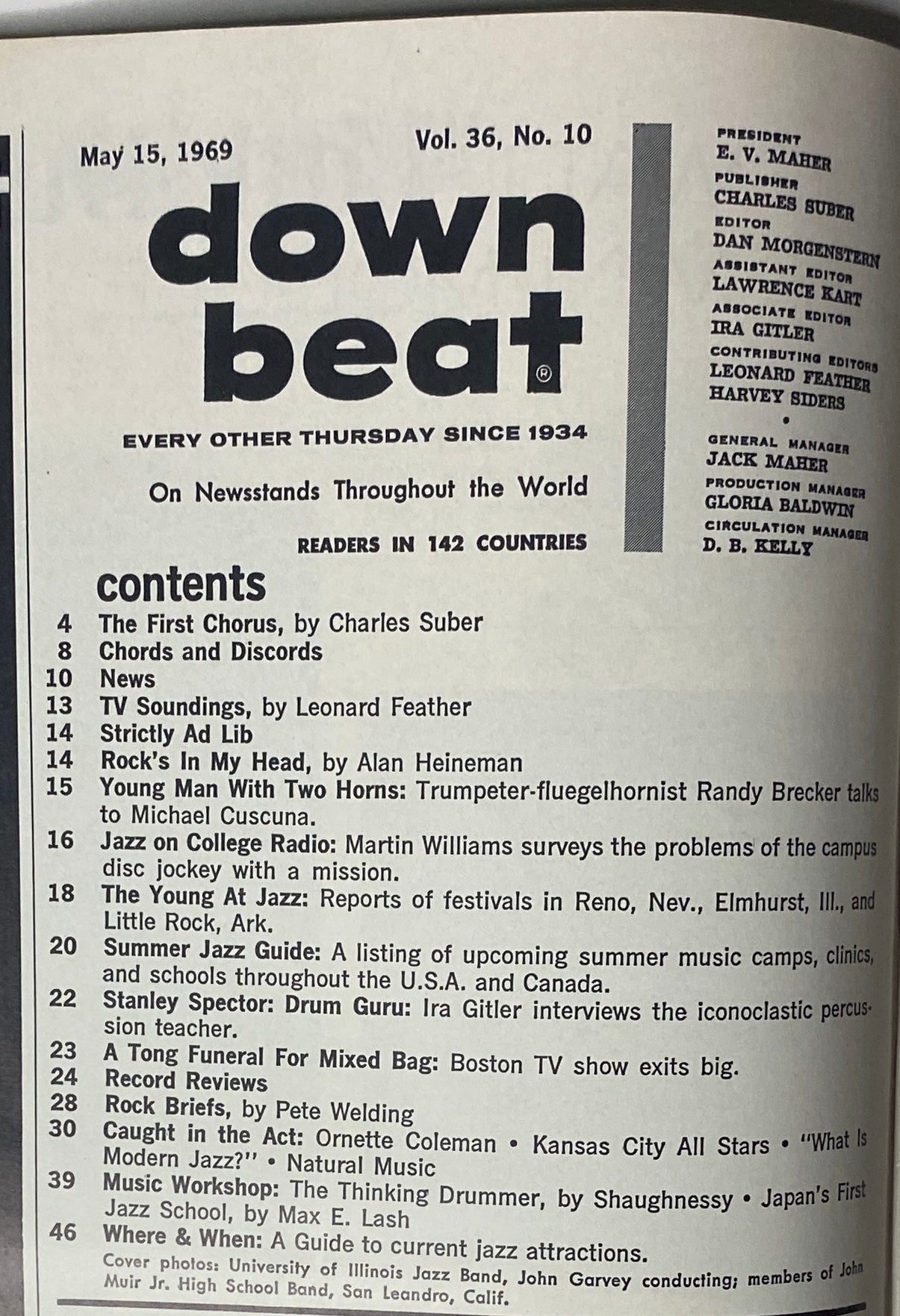 Cover of Down Beat Magazine, May 15, 1969, Vol 36 No. 10. Featuring articles on The First Chorus, Chords and Discords, TV Soundings, and interviews with Randy Brecker and Stanley Spector.