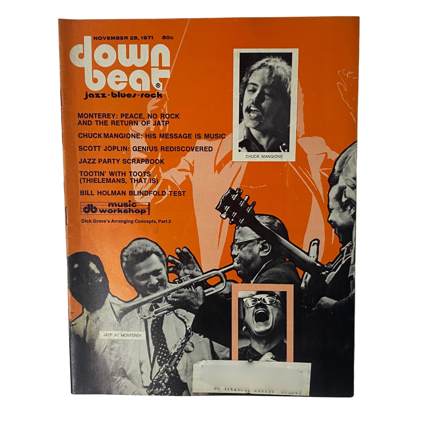 Cover of Down Beat Magazine, November 25, 1971, Vol 38 No. 20 featuring Chuck Mangione, along with articles on jazz, blues, and rock music.
