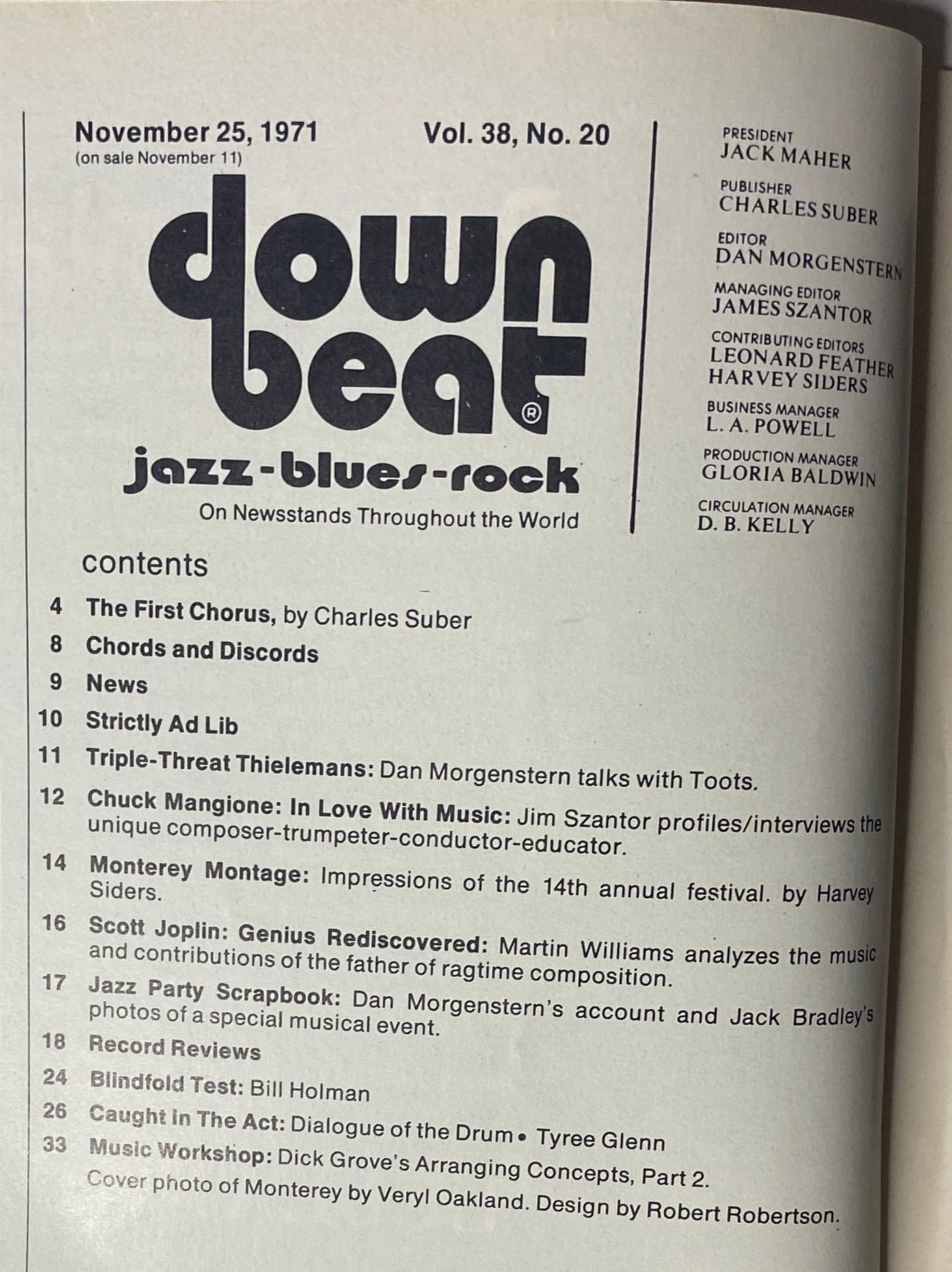 Table of Contents from Down Beat Magazine, November 25, 1971, Vol 38 No. 20 detailing features including Chuck Mangione and jazz reviews.