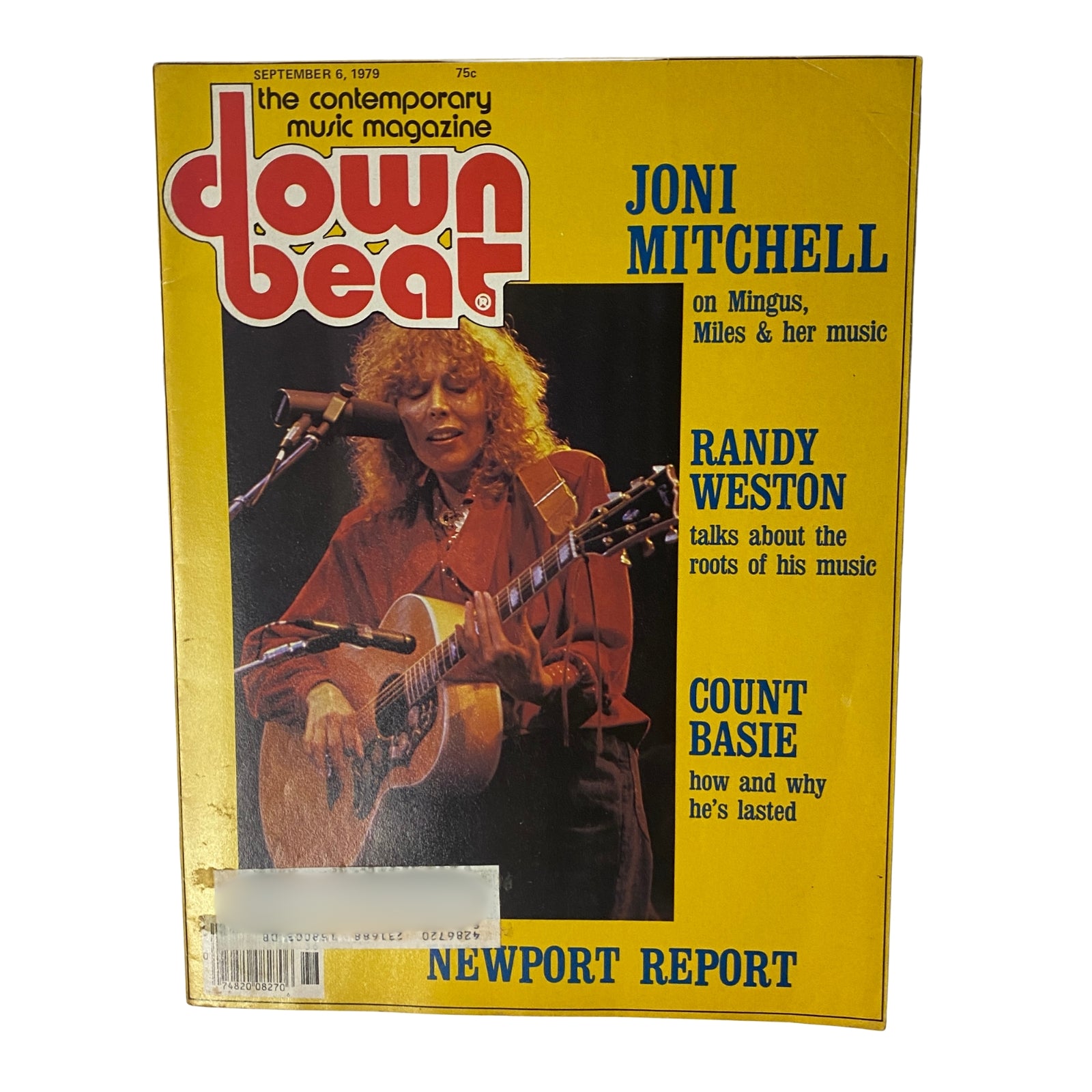 Down Beat Magazine cover from September 6, 1979 featuring Joni Mitchell, Randy Weston, and Count Basie, showcasing the vibrant jazz scene of the late 1970s.