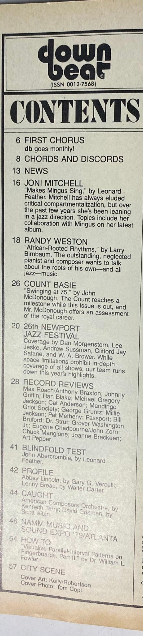 Table of contents page from Down Beat Magazine September 6, 1979, listing features on Joni Mitchell, Randy Weston, and Count Basie, highlighting jazz music articles and reviews.