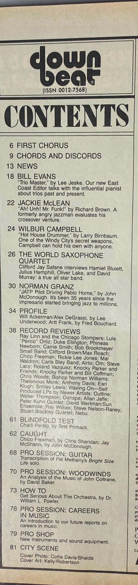 Table of contents from Down Beat Magazine October 1979 featuring articles on Bill Evans, Wilbur Campbell, and Jackie McLean, highlighting the jazz scene of the late 1970s.
