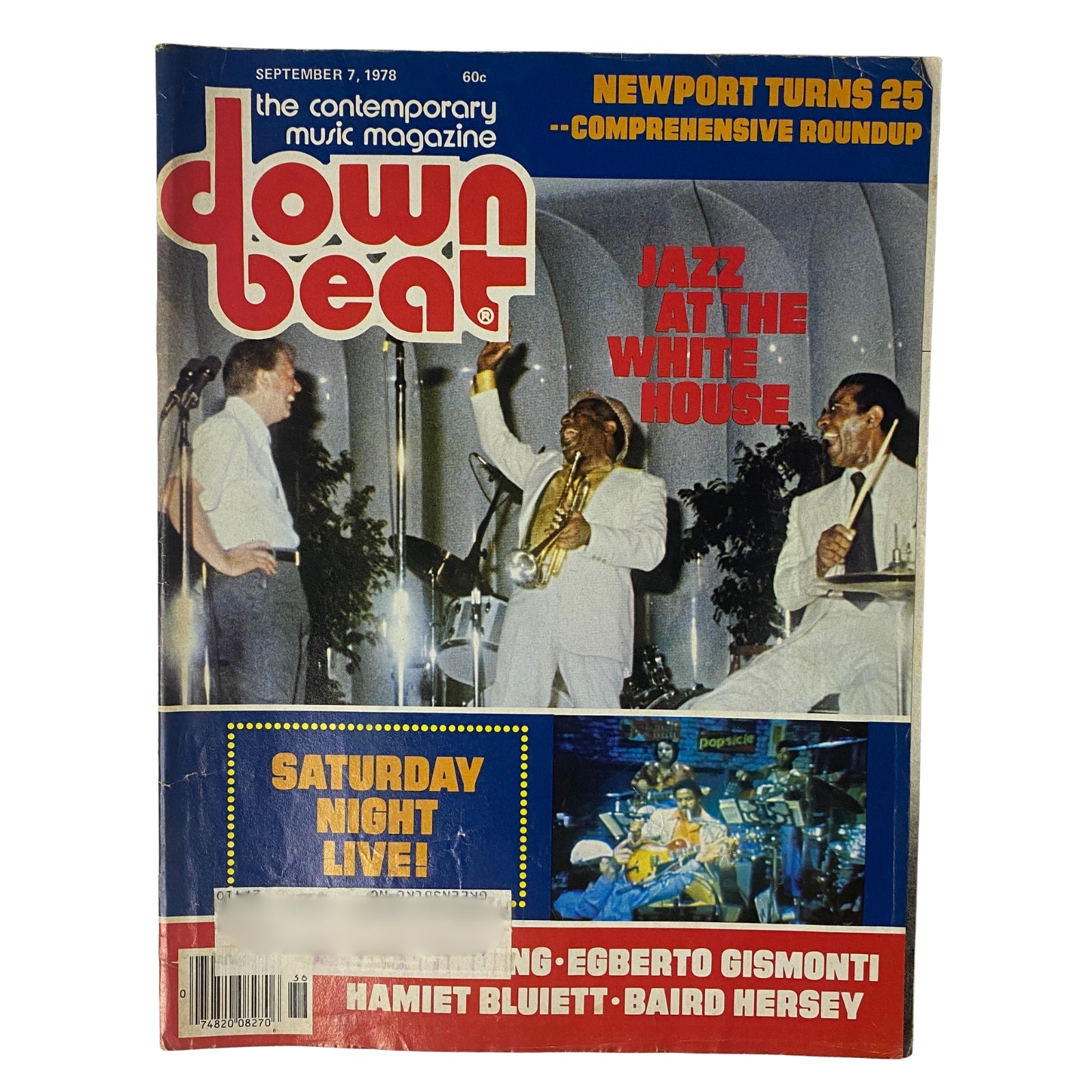 Cover of Down Beat Magazine from September 7, 1978 featuring Egberto Gismonti and Hamiet Bluiett, highlighting 'Jazz at the White House' and the Newport Jazz Festival's 25th anniversary.