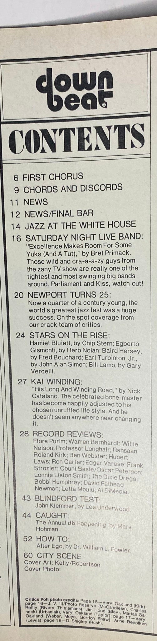 Table of contents from Down Beat Magazine, September 7, 1978, listing features including 'First Chorus', 'Saturday Night Live Band', and 'Newport Turns 25' with contributions from notable jazz artists.