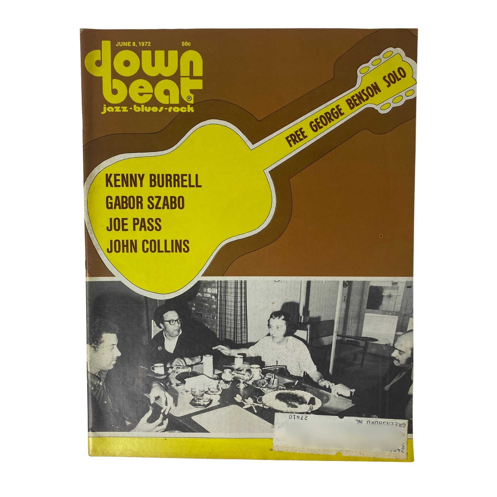 Cover of Down Beat Magazine, June 8, 1972, featuring Kenny Burrell, Gabor Szabo, Joe Pass, and John Collins with a prominent guitar illustration.