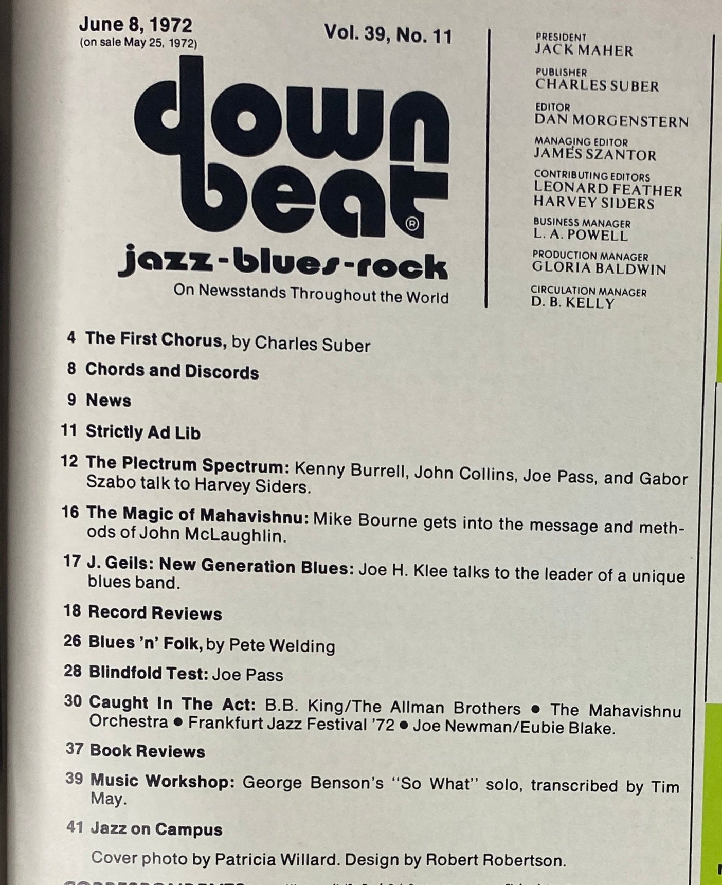 Table of Contents of Down Beat Magazine, June 8, 1972, showcasing articles and features including 'The Plectrum Spectrum' with Kenny Burrell and others.