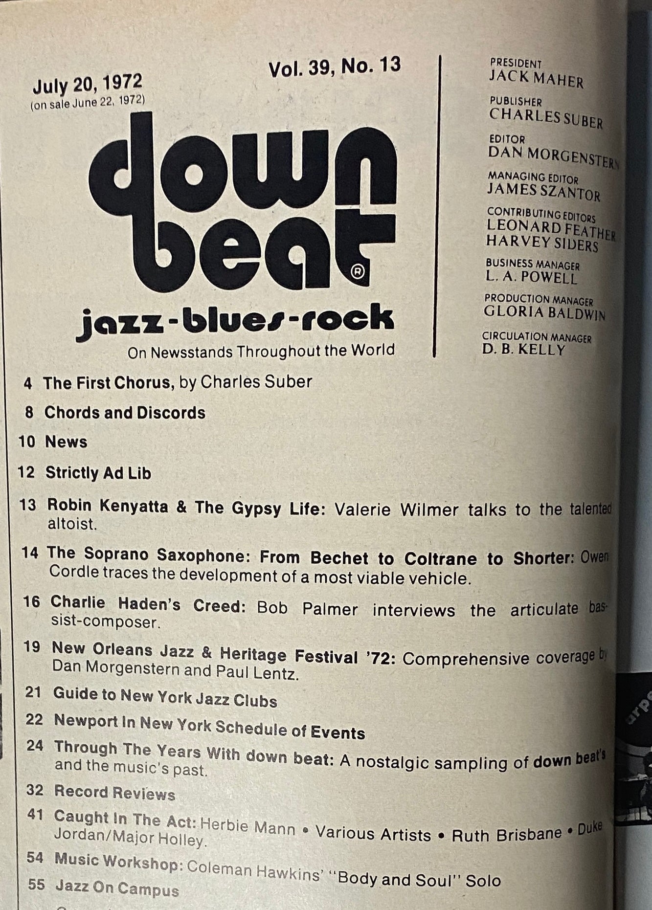 Inside page of Down Beat Magazine, July 20, 1972, Vol 39 No 13, displaying the table of contents and article list.