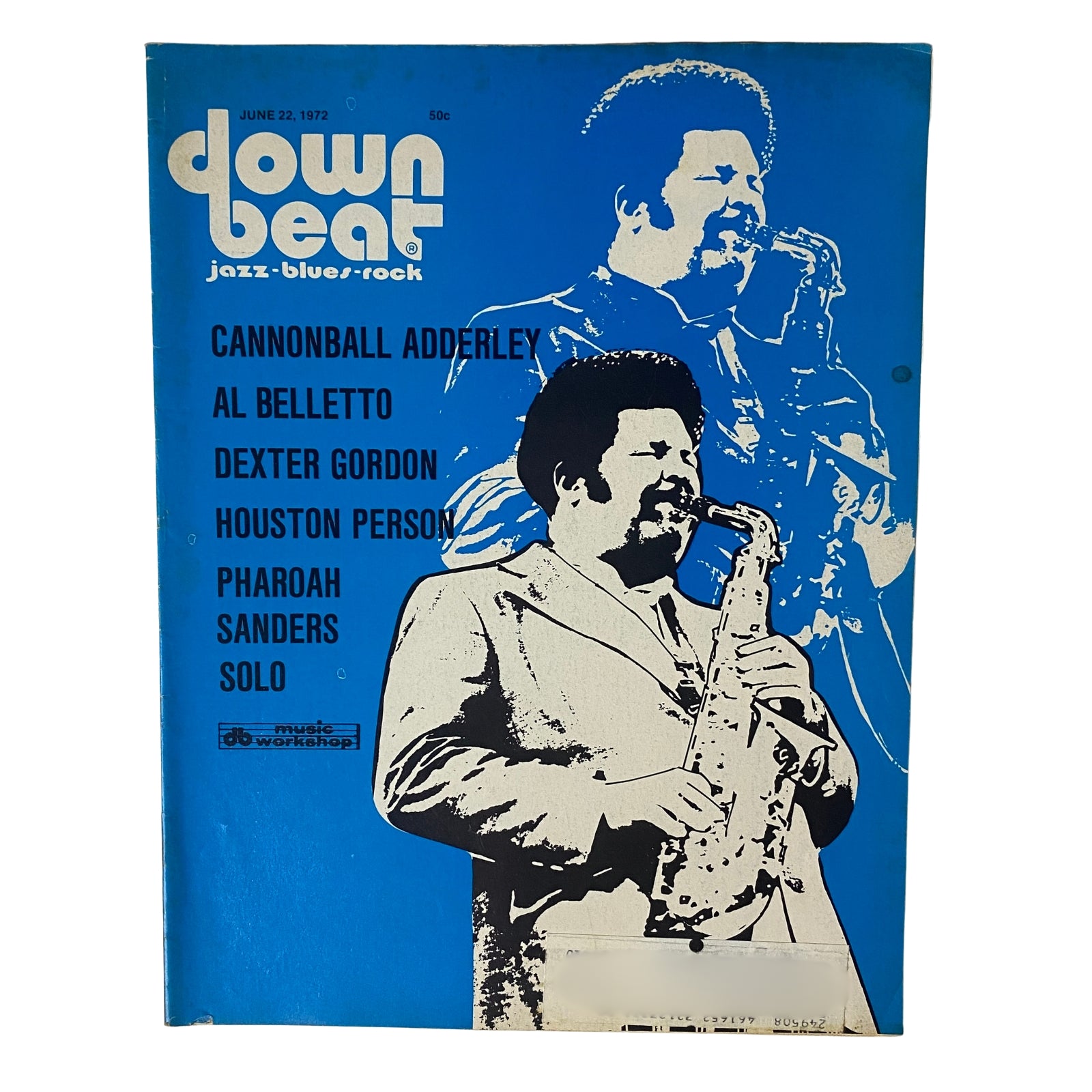 Cover of Down Beat Magazine, June 22, 1972, featuring Cannonball Adderley, along with notable jazz artists Al Belletto, Dexter Gordon, Houston Person, and Pharoah Sanders, in an eye-catching blue design.