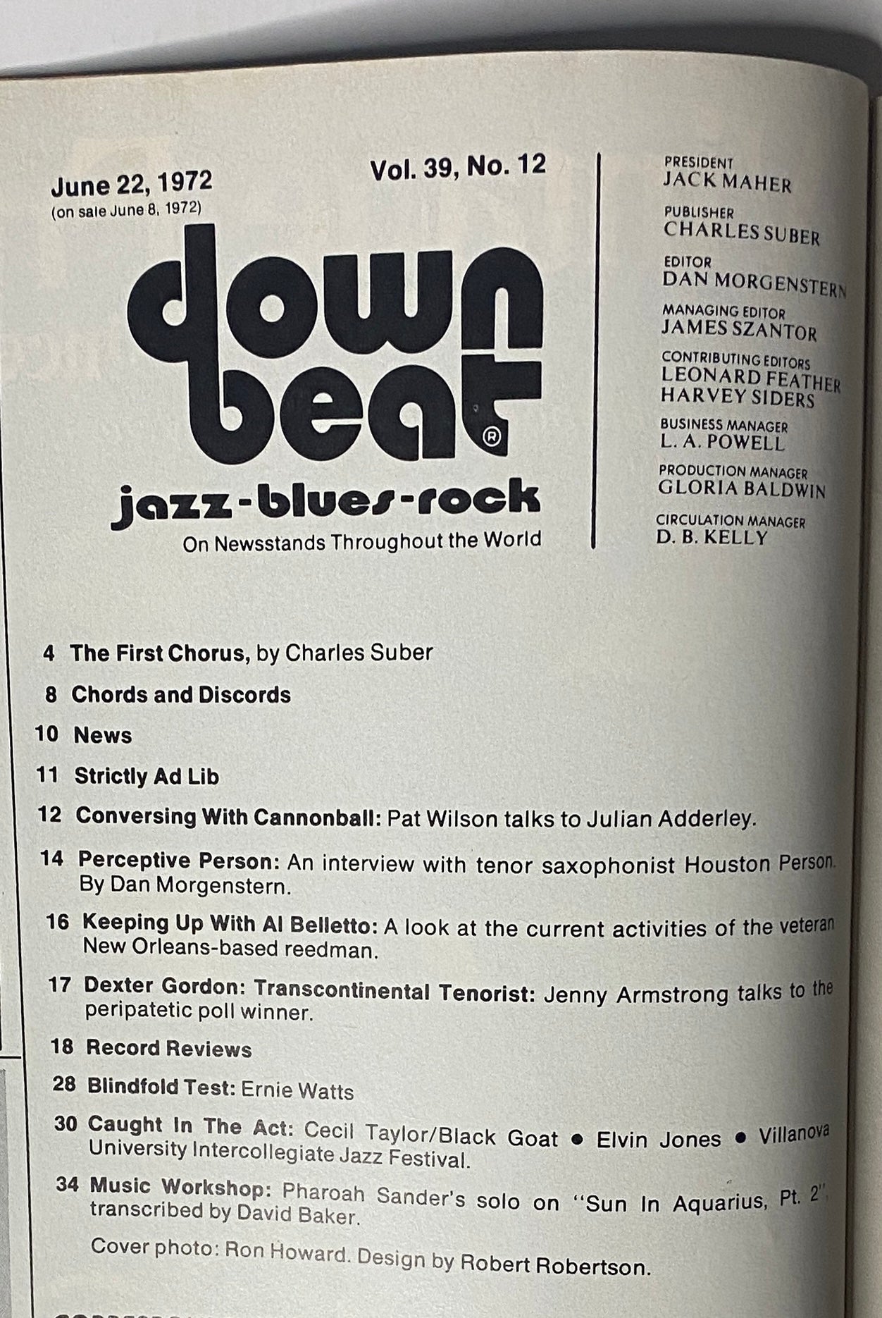 Cover of Down Beat Magazine from June 22, 1972, Volume 39 No. 12 featuring Cannonball Adderley, includes articles and interviews about leading jazz artists, designed by Robert Robertson.