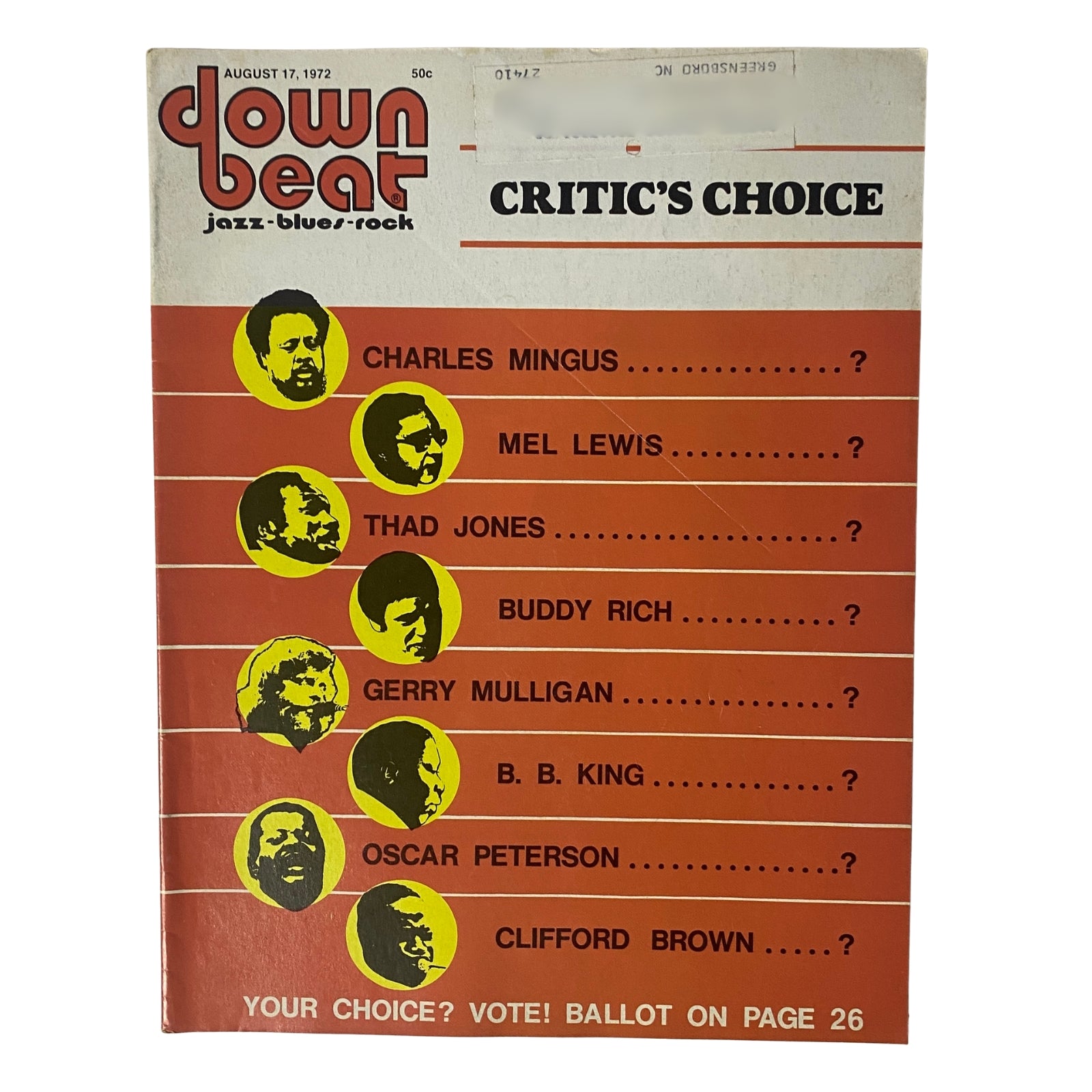 Cover of Down Beat Magazine from August 17, 1972, Vol 39 No. 14 featuring Charles Mingus, Mel Lewis, and other notable jazz artists. The cover highlights the Critic's Choice with a list of musicians' names.