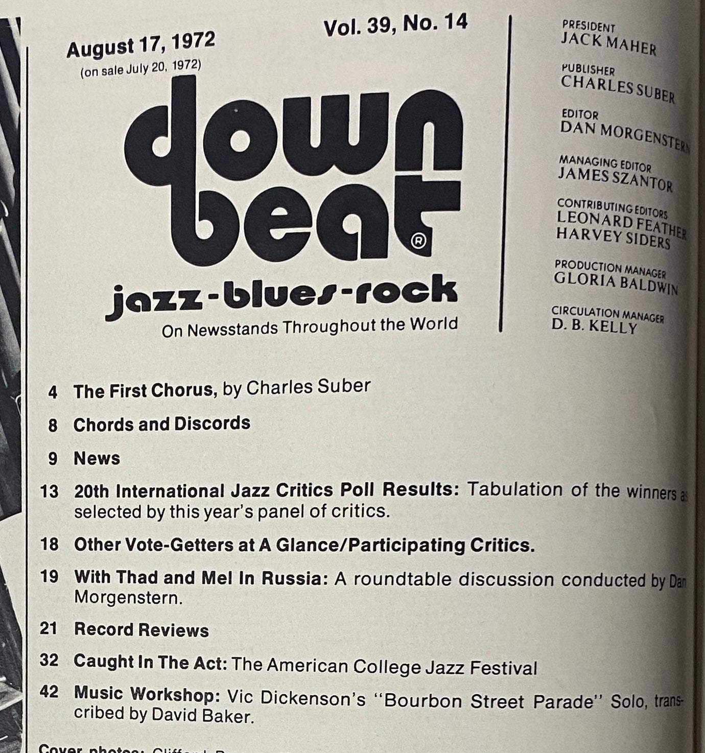 Table of Contents from Down Beat Magazine, August 17, 1972, Vol 39 No. 14, listing articles including 'The First Chorus' by Charles Suber, '20th International Jazz Critics Poll Results', and features on jazz music.