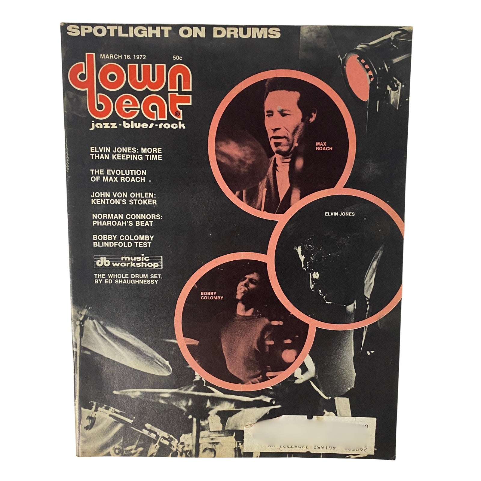 Down Beat Magazine March 16, 1972 Vol 39 No. 5 featuring Max Roach and Elvin Jones on the cover, highlighting jazz, blues, and rock.