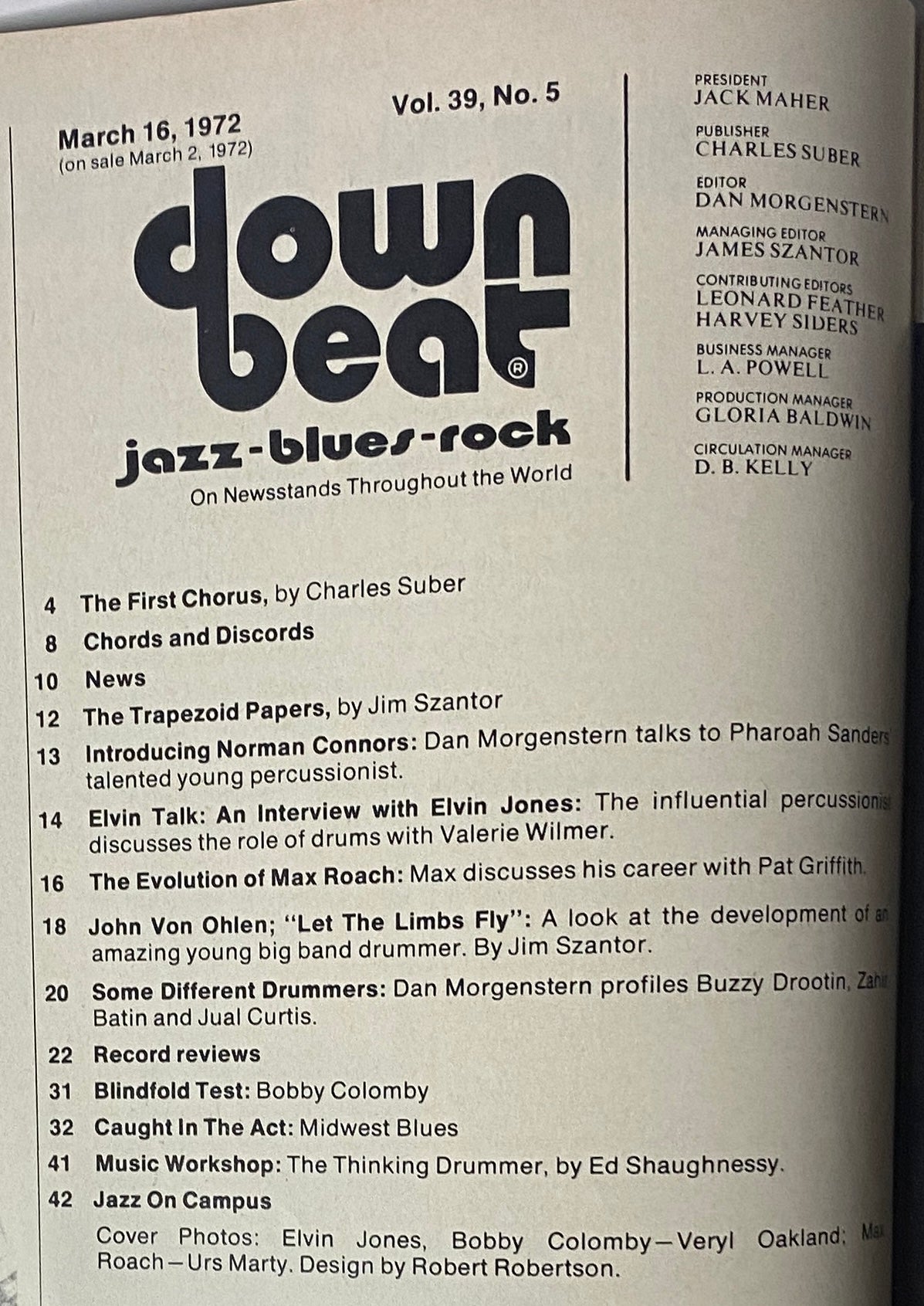 Interior page from Down Beat Magazine March 16, 1972 Vol 39 No. 5 displaying the table of contents with featured articles and topics related to jazz and drumming.
