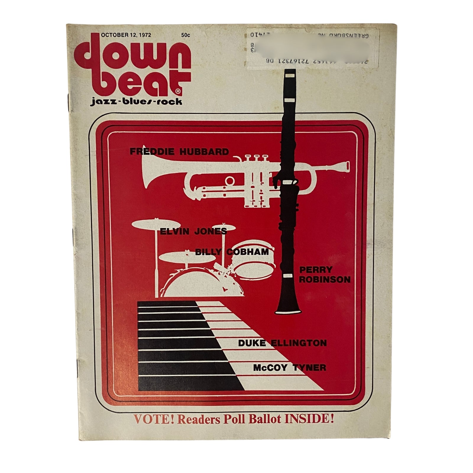 Cover of Down Beat Magazine, October 12, 1972, Vol 39 No. 16 featuring Freddie Hubbard, Elvin Jones, Billy Cobham, Perry Robinson, Duke Ellington, and McCoy Tyner with bold graphics and a 'Vote! Readers Poll Ballot Inside!' note.
