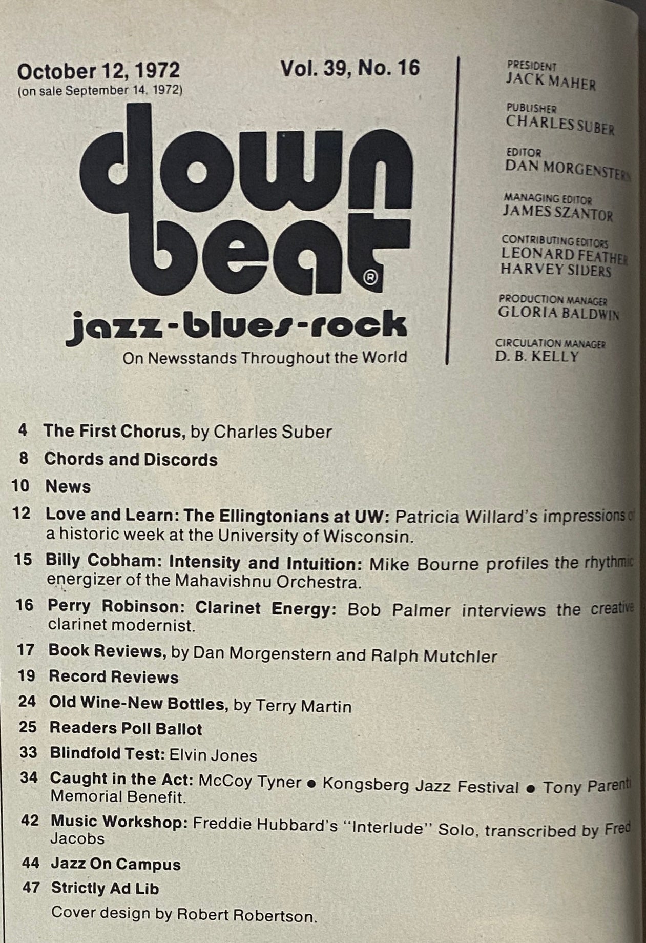 Interior page of Down Beat Magazine, October 12, 1972, Vol 39 No. 16 showcasing the Table of Contents including articles on jazz musicians and events by Charles Suber and others.