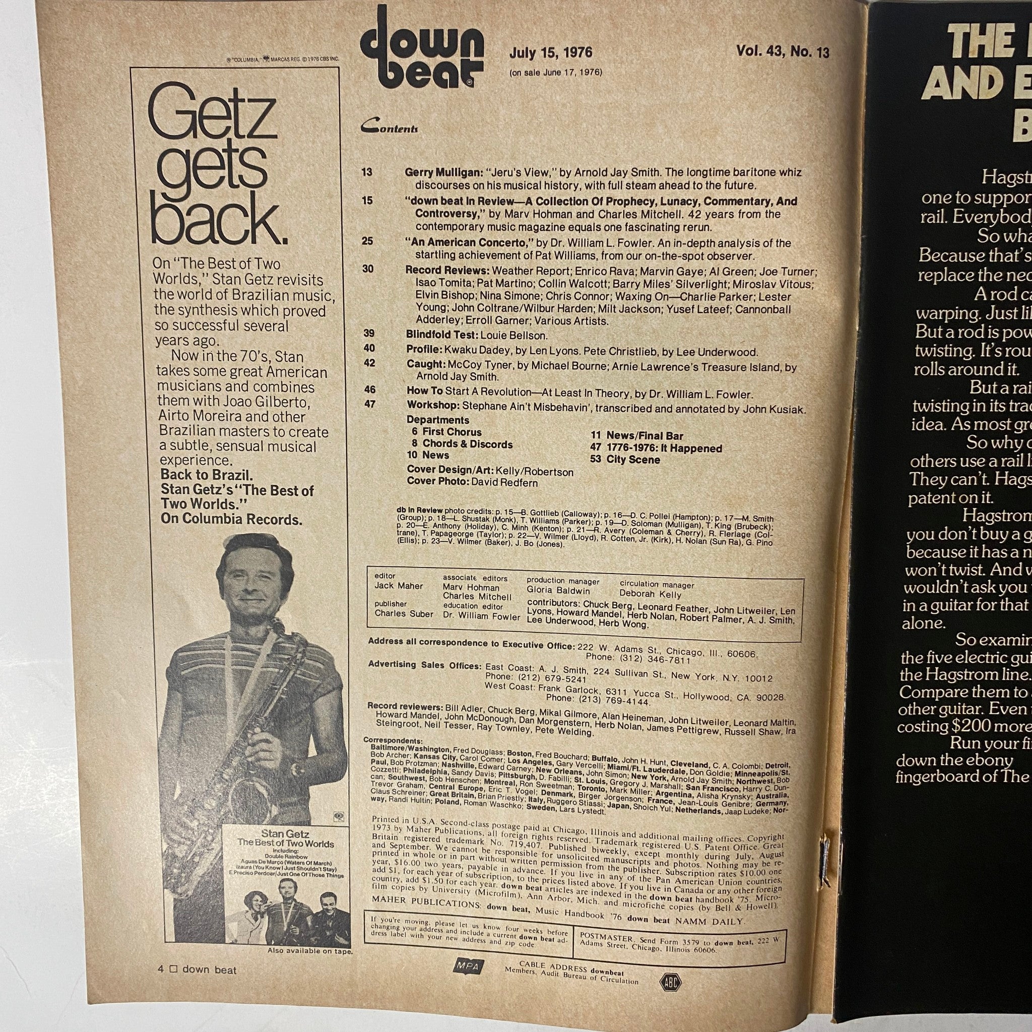 Interior page of Down Beat Magazine July 15, 1976 (Vol. 43 No. 13) showcasing the table of contents and featuring various artists including Gerry Mulligan.
