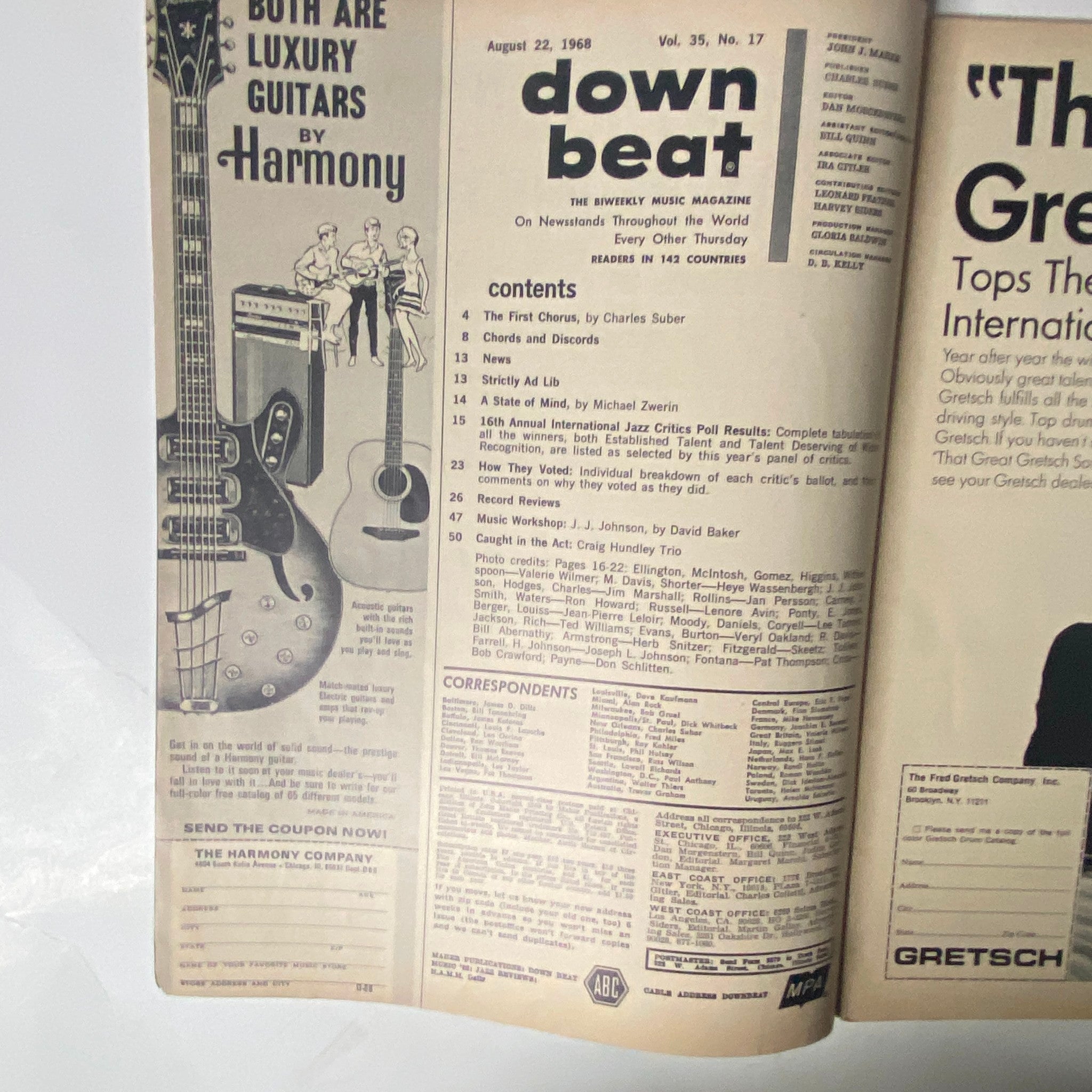Inside spread of Down Beat Magazine August 22, 1968, Vol 35 No 17, displaying contents and articles related to the 16th International Jazz Critics Poll.