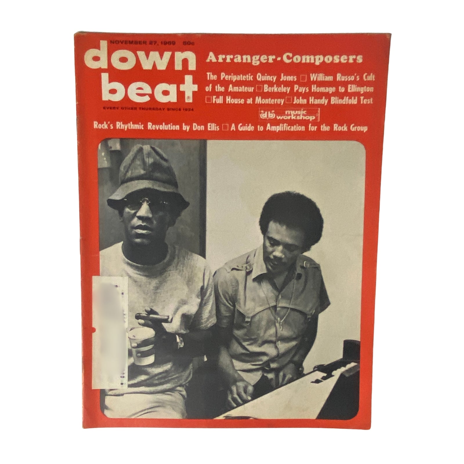 Cover of Down Beat Magazine, November 27, 1969, Vol. 36 No. 24 featuring Quincy Jones and Bill Cosby. The magazine highlights arranger-composers in jazz and includes articles on music workshops and rock's rhythmic revolution.