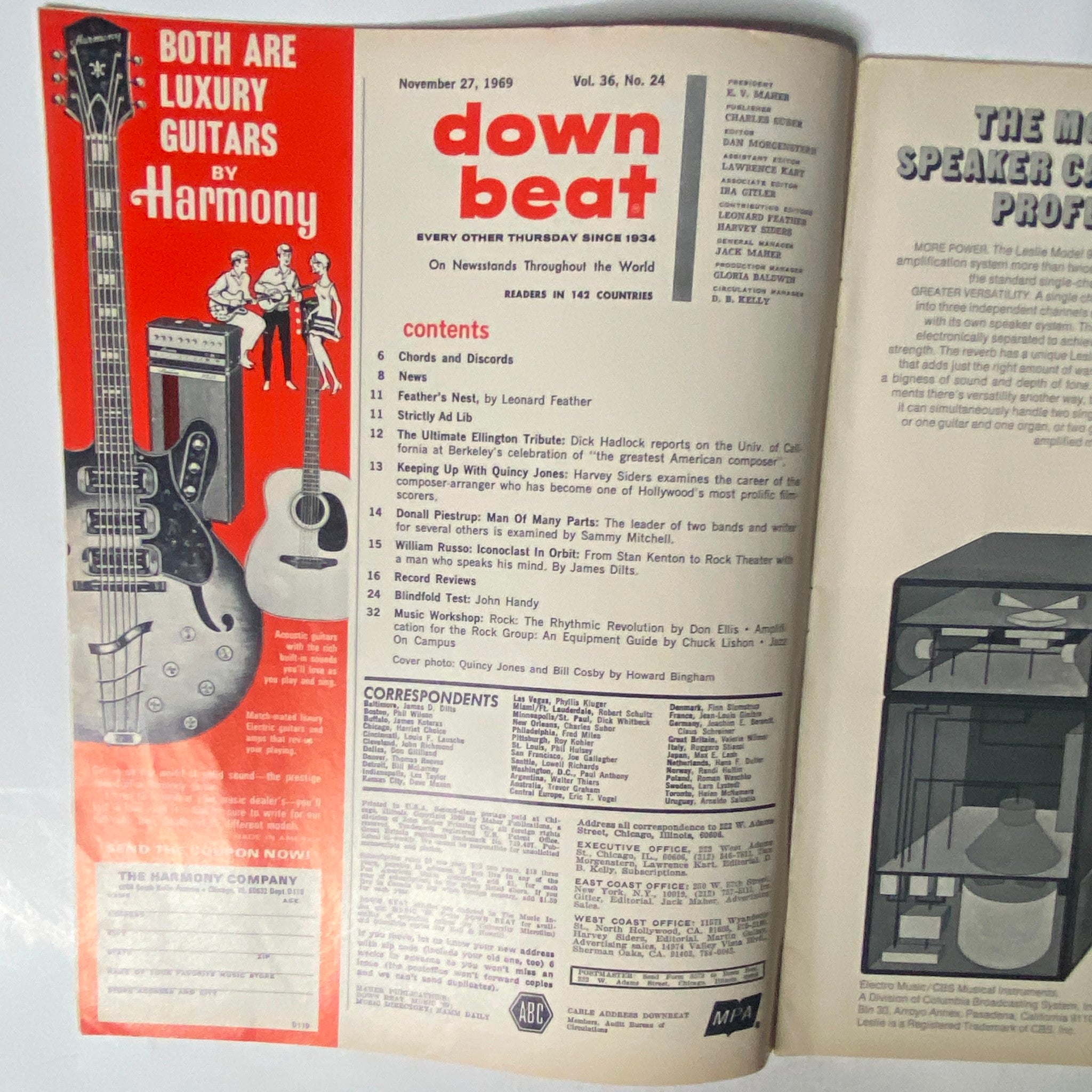 Inside spread of Down Beat Magazine, November 27, 1969, Vol. 36 No. 24 showcasing the contents page with articles including profiles of Quincy Jones and William Russo. The layout emphasizes music features and instrument advertisements.