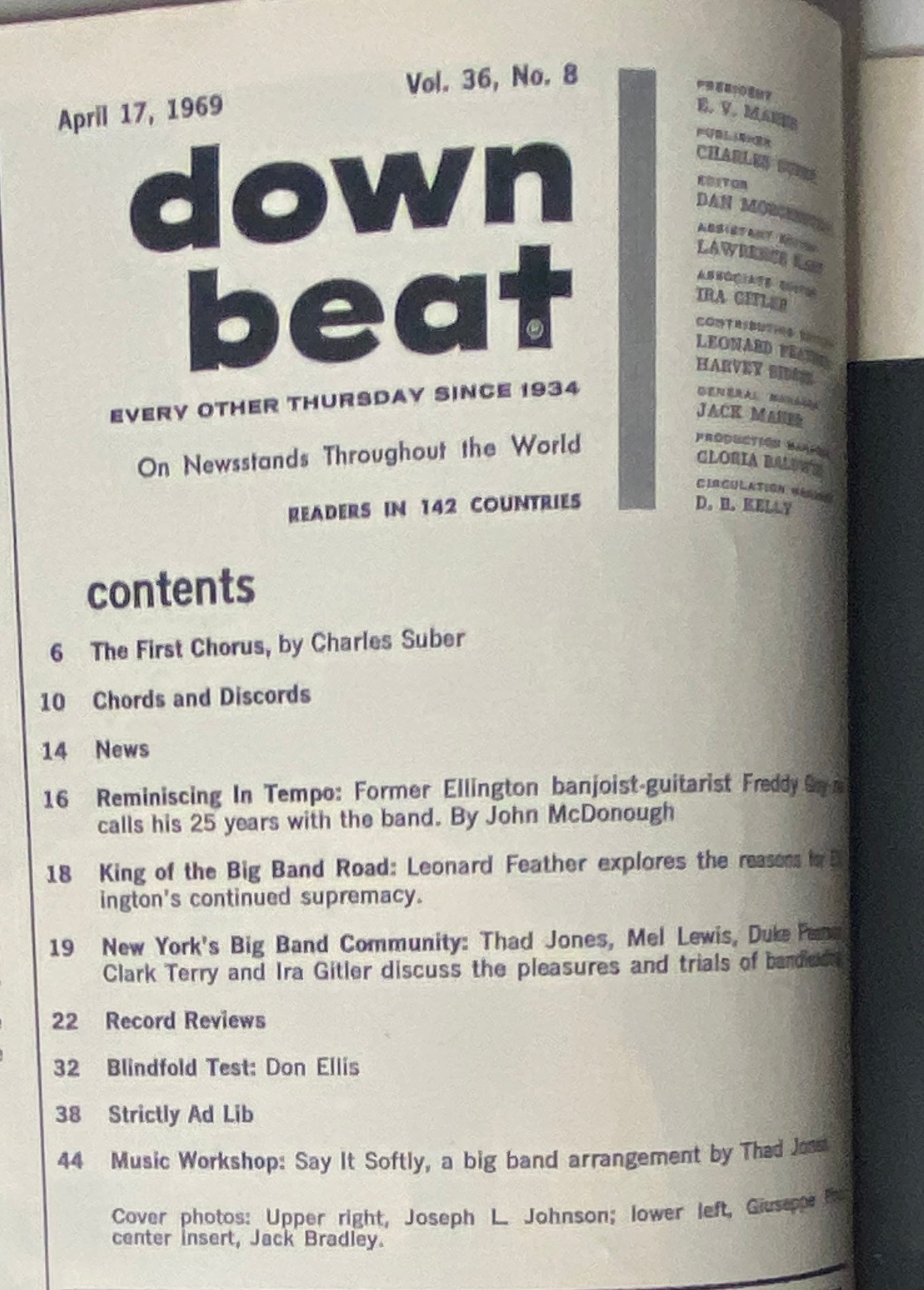 Down Beat Magazine April 17, 1969 Vol 36 No. 8 featuring contents including 'The First Chorus' by Charles Suber, 'Chords and Discords', and 'Reminiscing in Tempo' with Freddy Guy, plus notable discussions on big band leadership and Duke Ellington's influence.