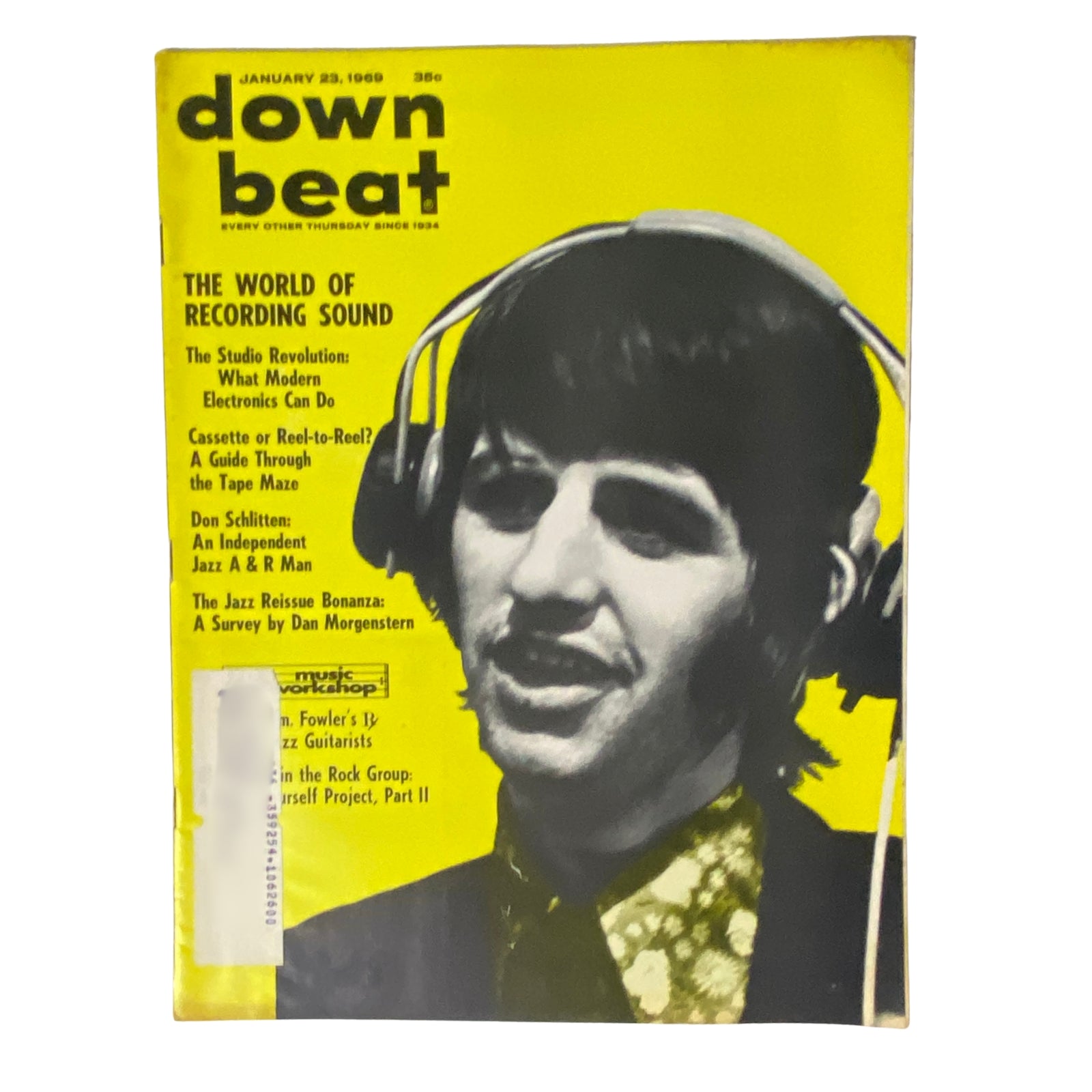 Cover of Down Beat Magazine, January 23, 1969, Vol. 36 No. 2 featuring Ringo Starr, showcasing the theme 'The World of Recording Sound' with vibrant yellow background and photo of Ringo wearing headphones.