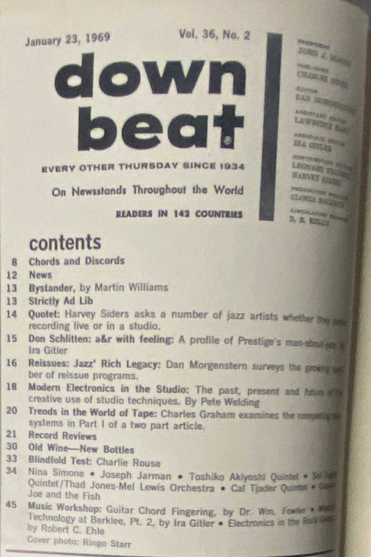 Down Beat Magazine January 23, 1969 Vol 36 No. 2 featuring Ringo Starr on the cover, showcasing contents like articles on jazz, live vs studio recordings, and more, ideal for collectors of vintage music magazines.